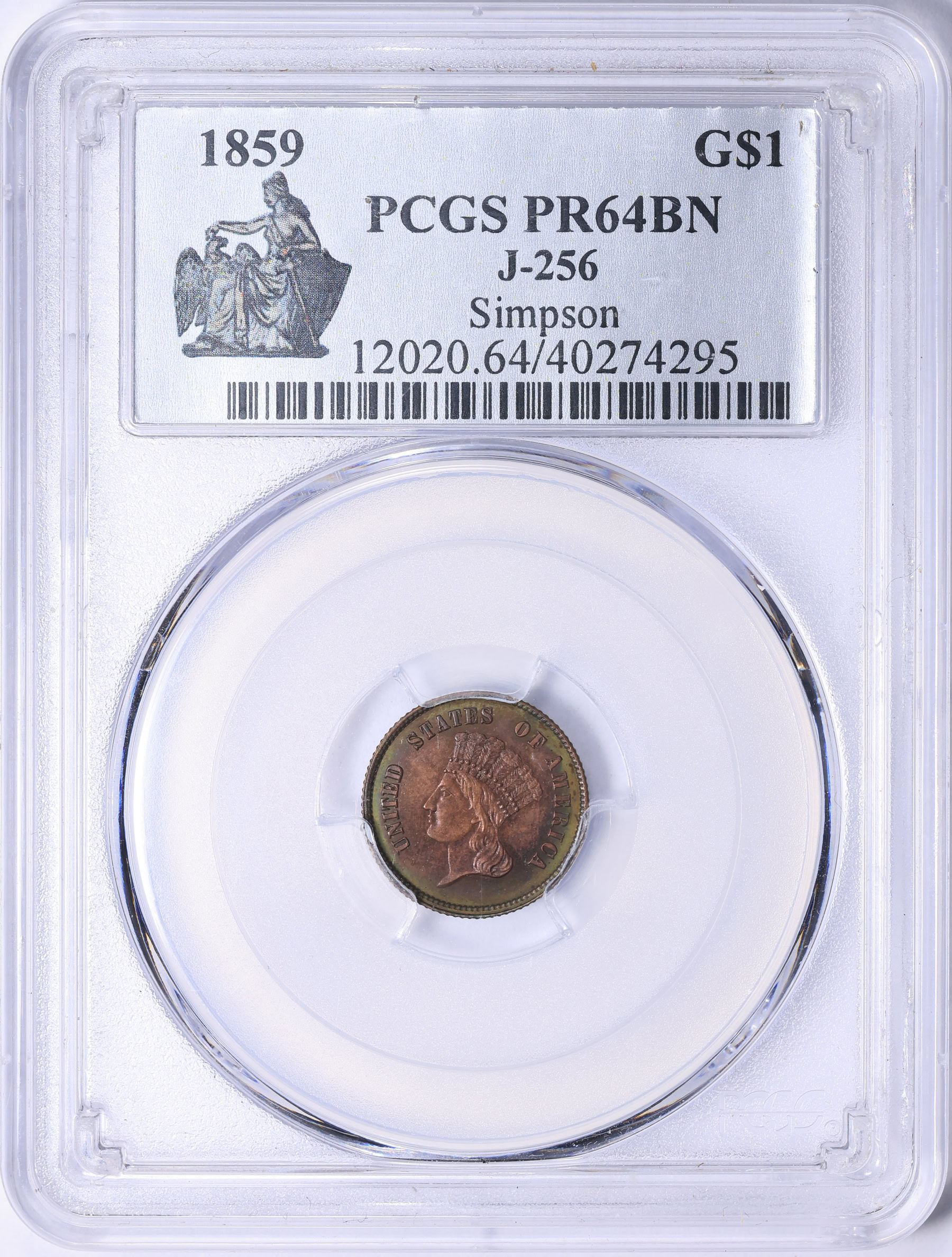 Pattern 1859 G$1 Gold Dollar J-256 PCGS Proof-64 BN (Toned