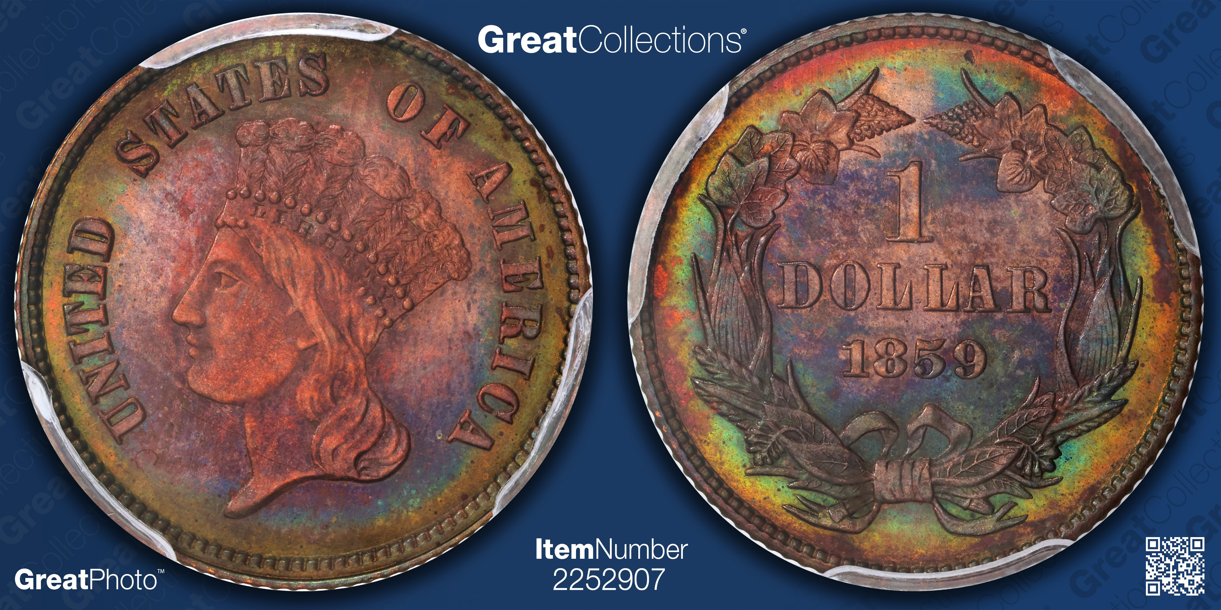 Pattern 1859 G$1 Gold Dollar J-256 PCGS Proof-64 BN (Toned