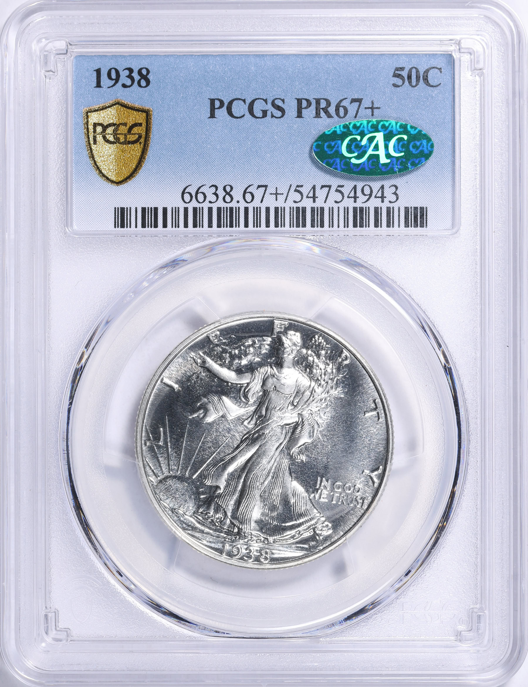 1938 Walking Liberty Half Dollar PCGS Proof-67+ (CAC Green) (Item