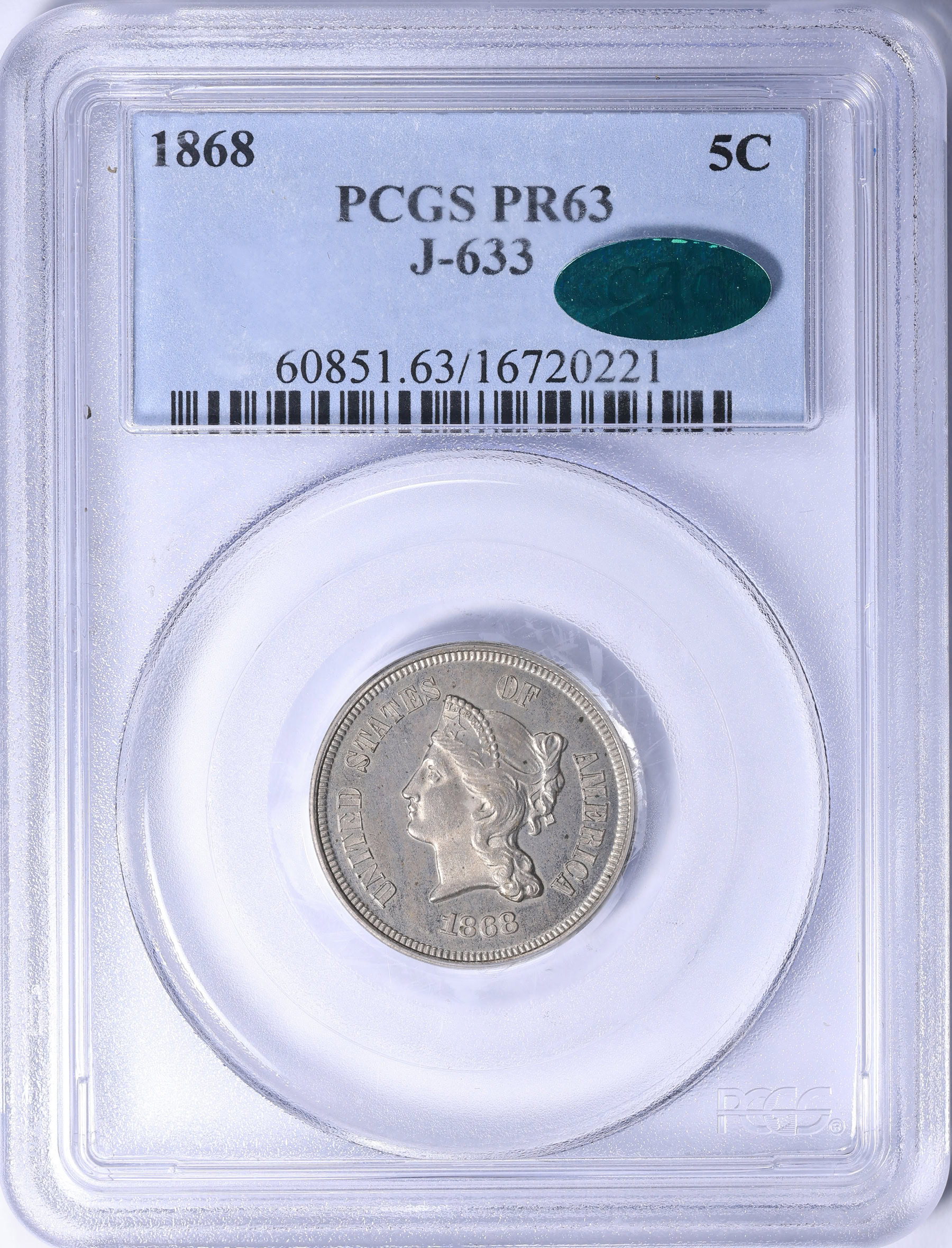 Pattern 1868 5c J-633 PCGS Proof-63 (CAC Green) (Item 2254413