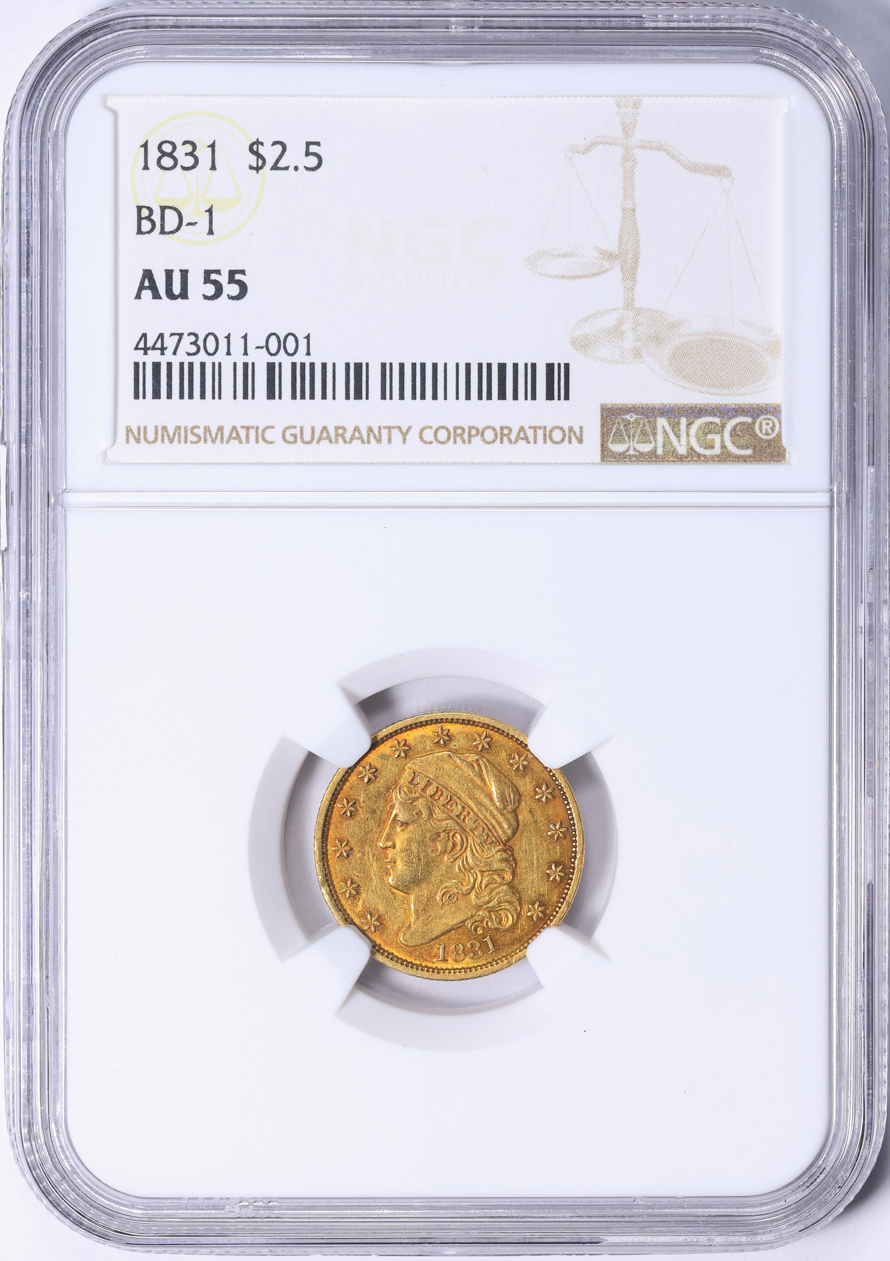 1831 Capped Head Gold Quarter Eagle BD-1 NGC AU-55 (Item 2255603