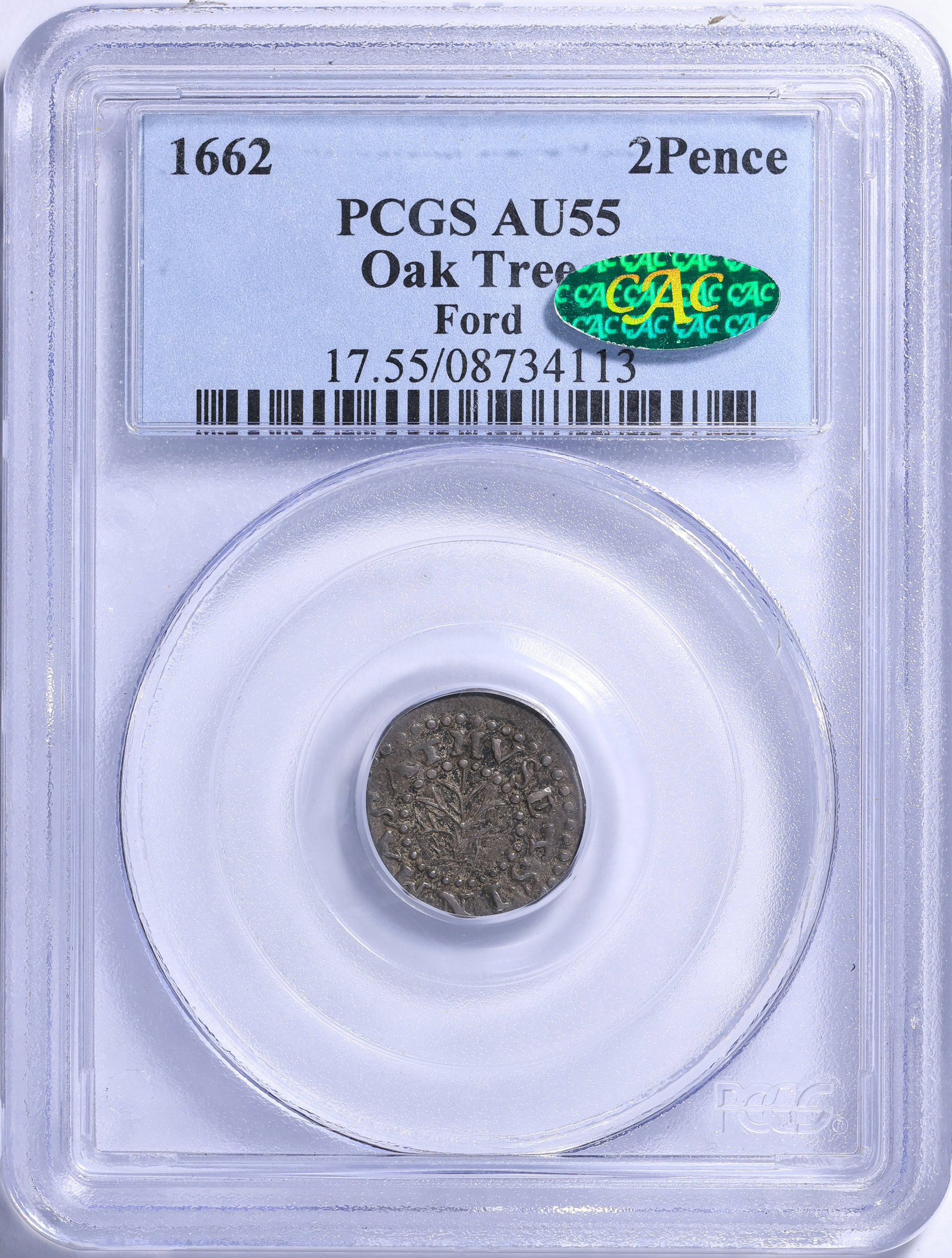 1662 Massachusetts Oak Tree Silver Twopence PCGS AU-55 (CAC Green