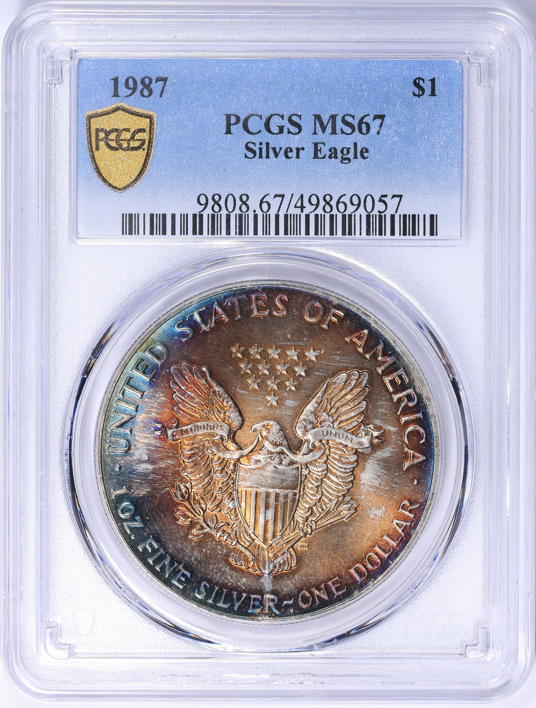 アメリカ　銀貨　1987 シルバーイーグルス　PCGS MS　67　鑑定済 1987 $1 Silver Eagle PCGS MS-67 (Toned) (Item 2262213