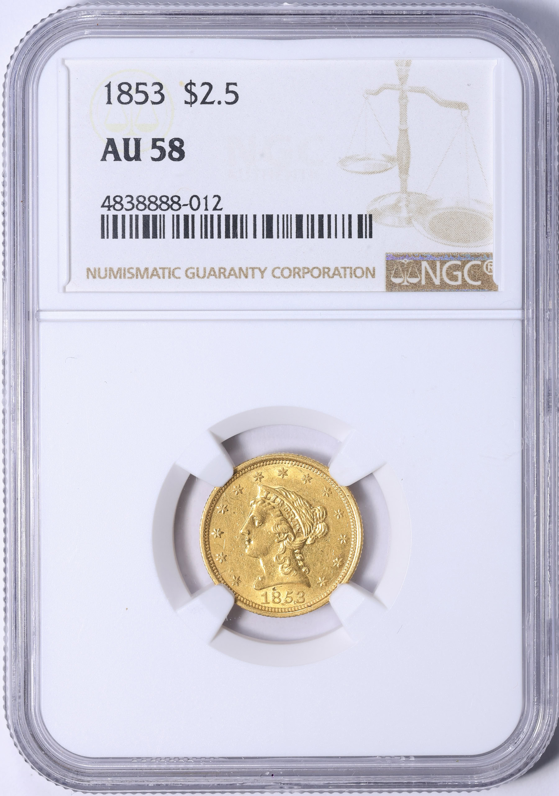 1853 Liberty Gold Quarter Eagle NGC AU-58 (Item 2262529