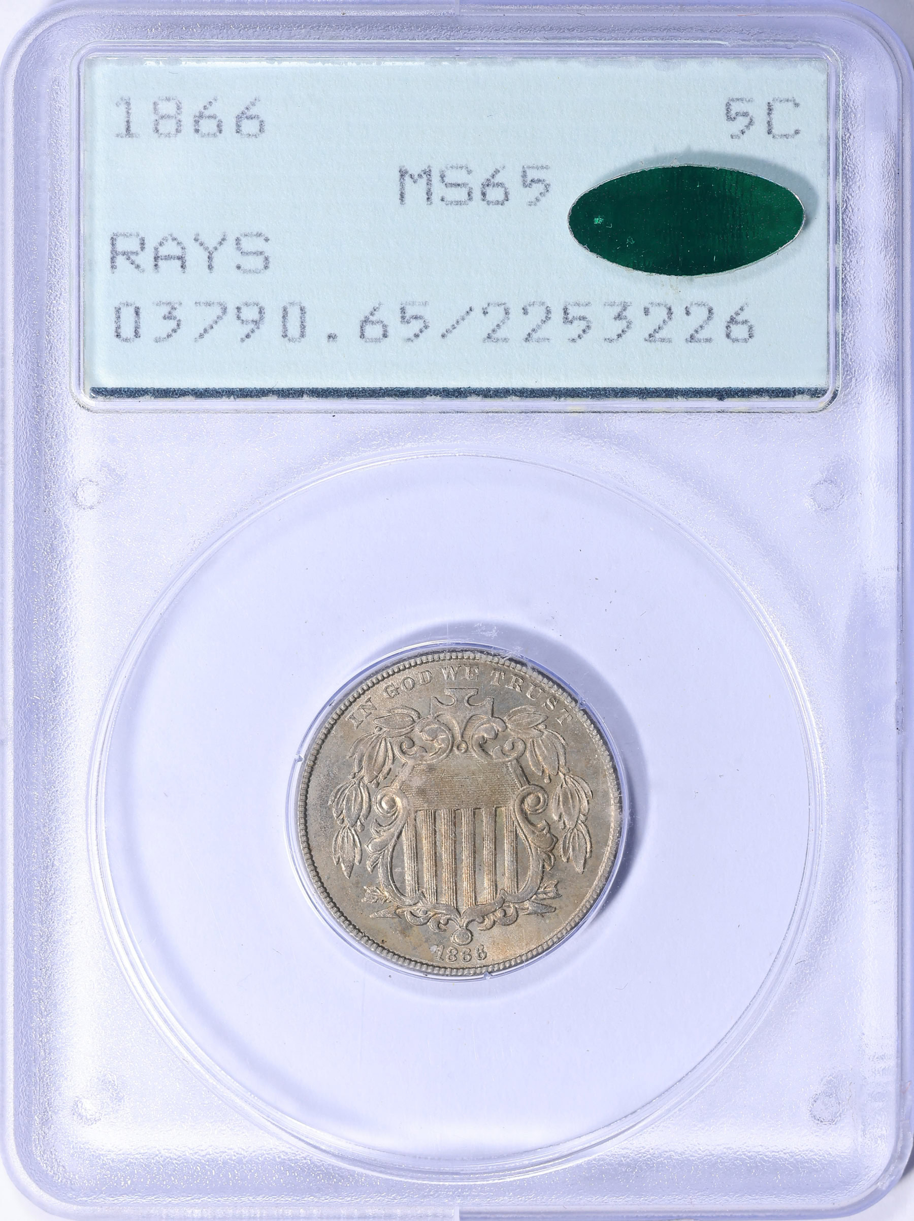 1866 Shield Nickel Rays PCGS MS-65 (CAC Green) OGH (1st Gen) (Item
