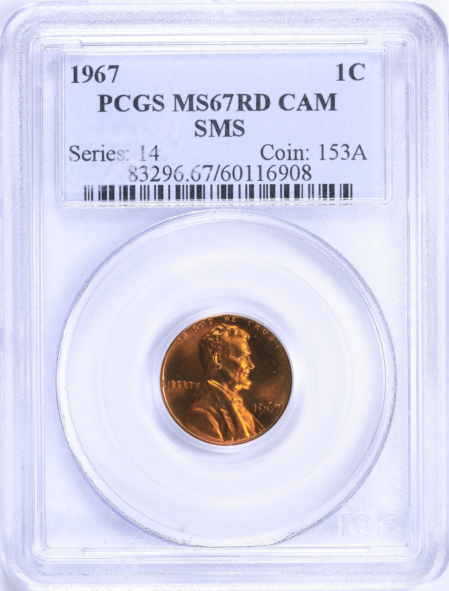 1967 Lincoln Cent SMS PCGS MS-67 CAMEO RD (Item 2263599