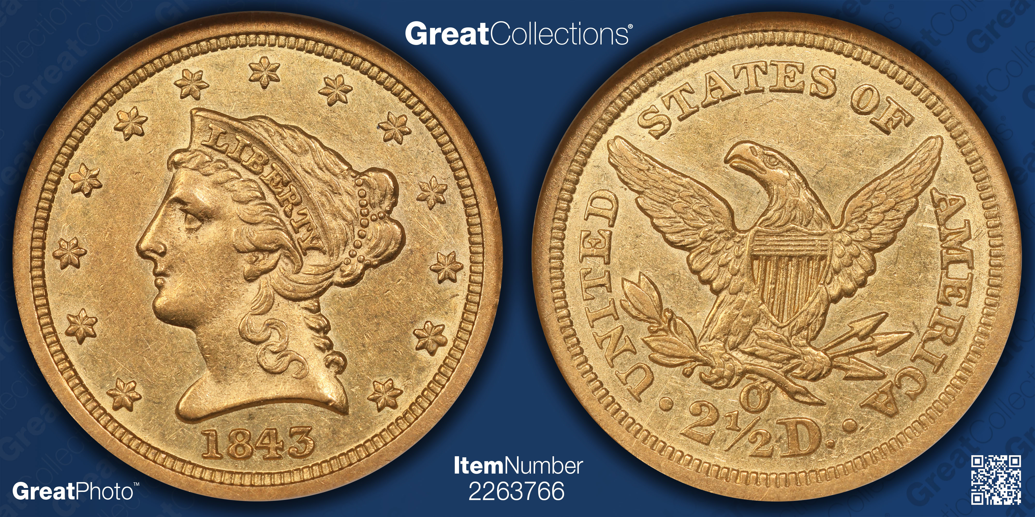 1843-O Liberty Gold Quarter Eagle Small Date NGC AU-55 (Item