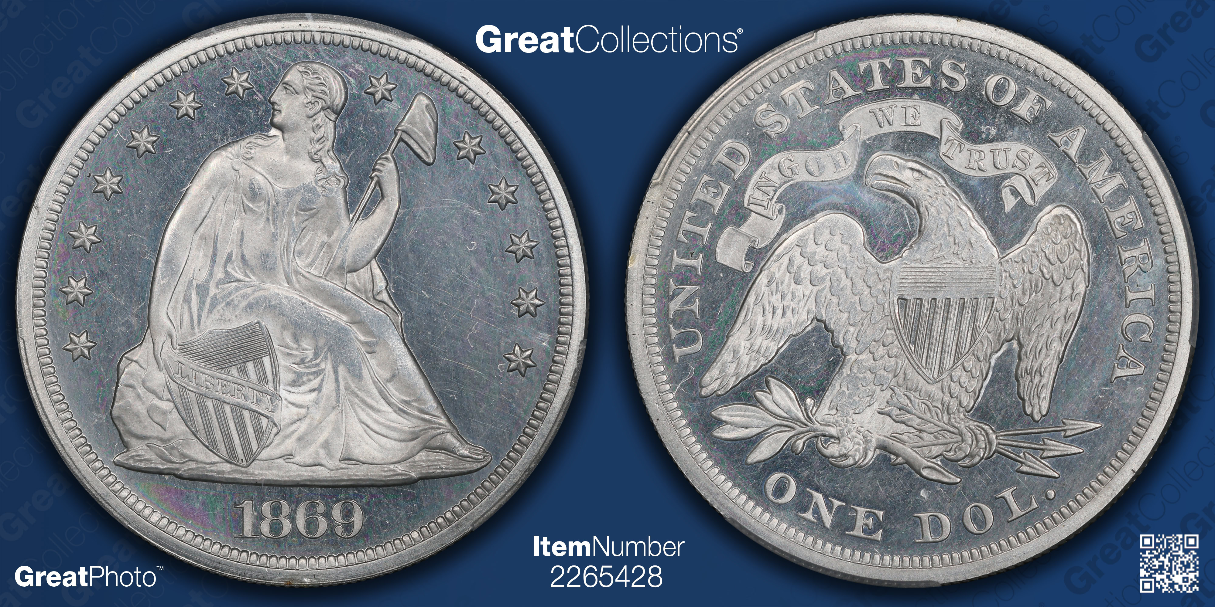 Pattern 1869 $1 Dollar J-764 PCGS Proof-65 CAMEO (Item 2265428