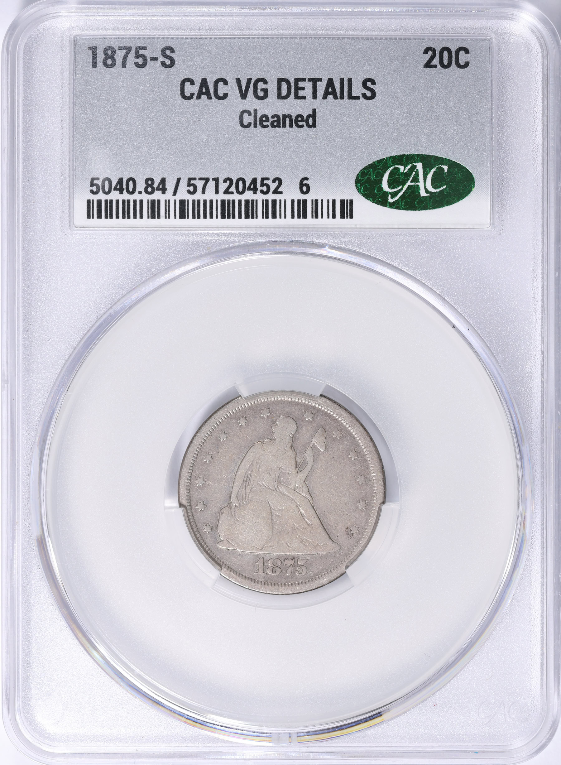 1875-S Twenty-Cent Piece CACG VG Details (Item 2265745