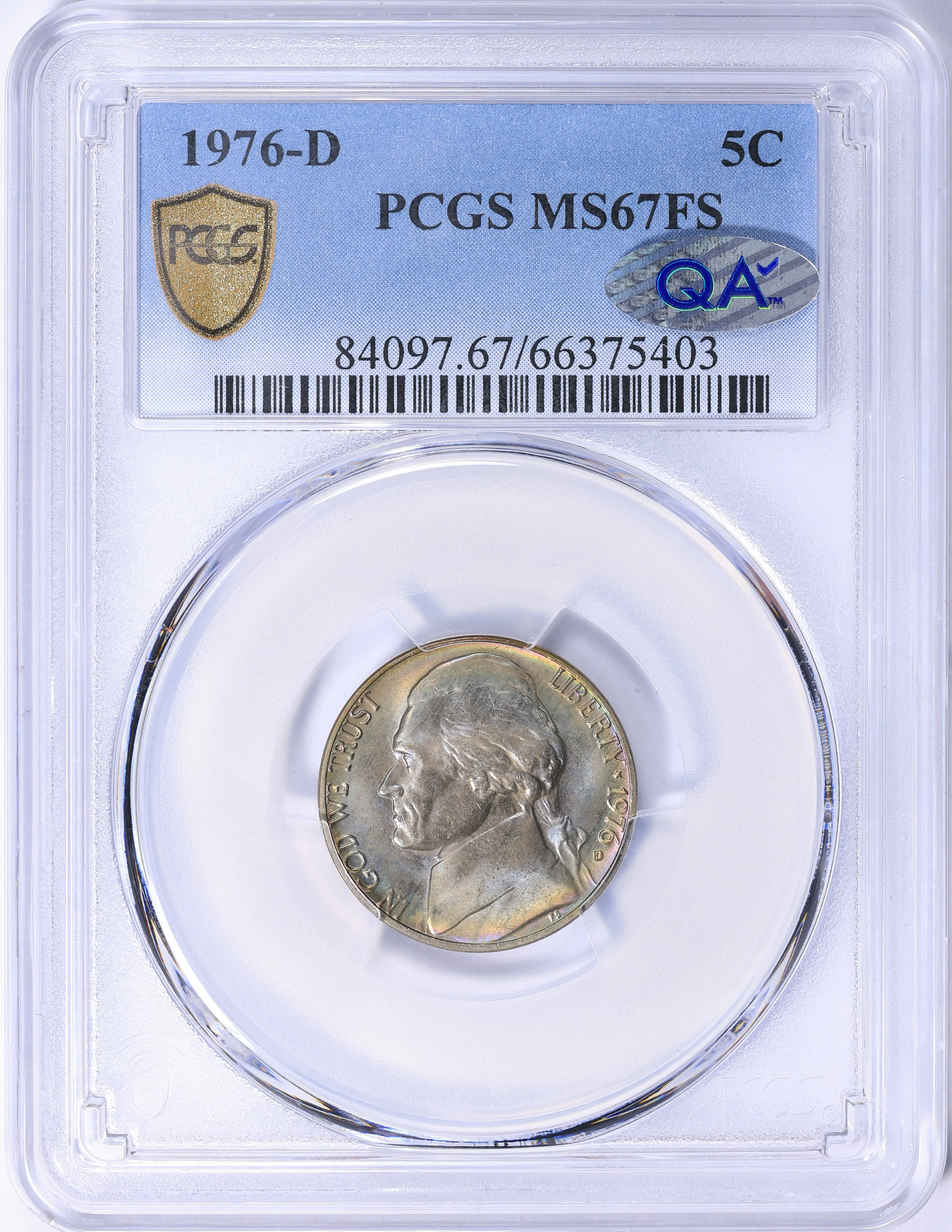 1976-D Jefferson Nickel PCGS MS-67 FS (QA) (Toned) (Item 2266436