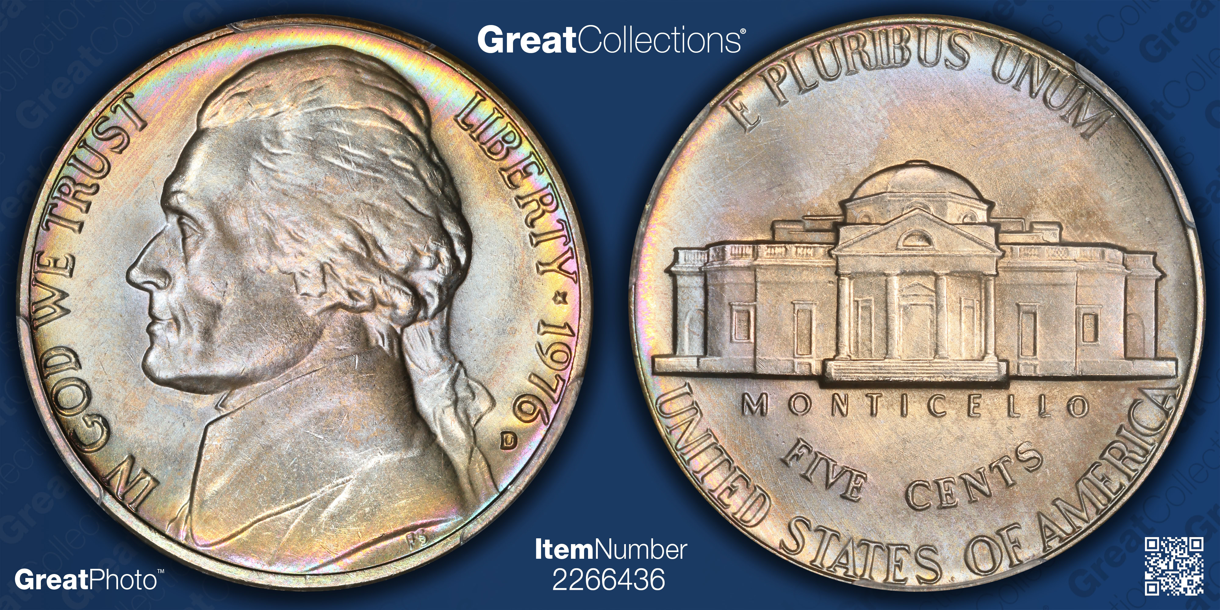 アメリカネイティブインディアンビスクドールTreasury Collection 1976-D Jefferson Nickel PCGS MS-67 FS (QA) (Toned) (Item 2266436