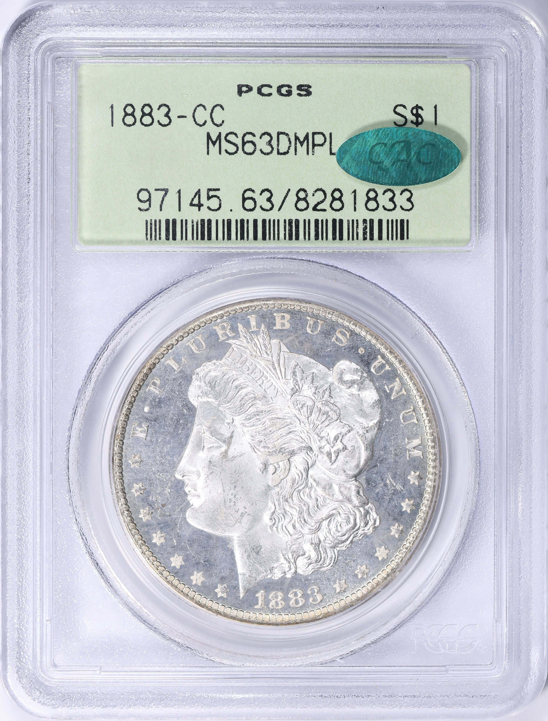 63 12 1883-CC Morgan Silver Dollar PCGS MS-63 DMPL (CAC Green) OGH (Item ...