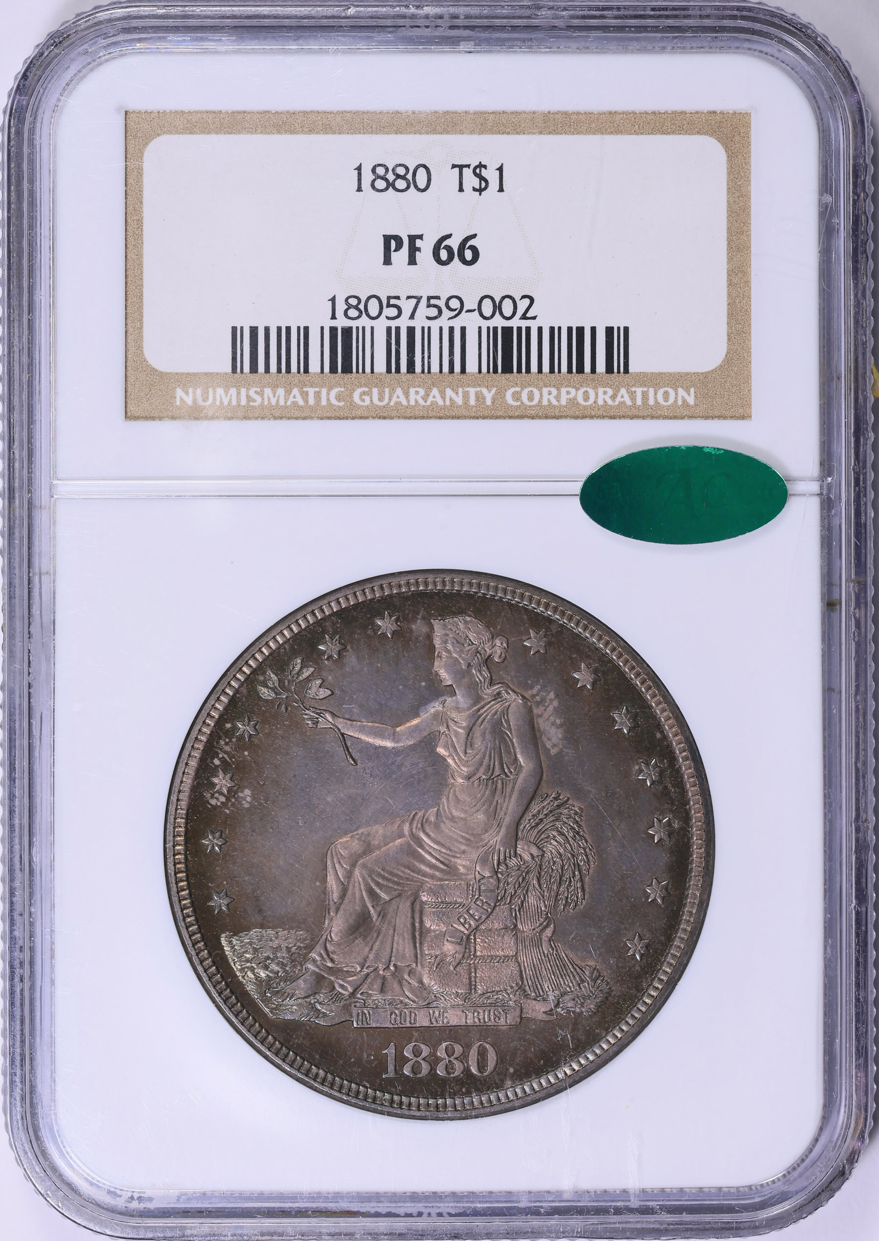 1880 Trade Silver Dollar NGC Proof-66 (CAC Green) (Toned) (Item