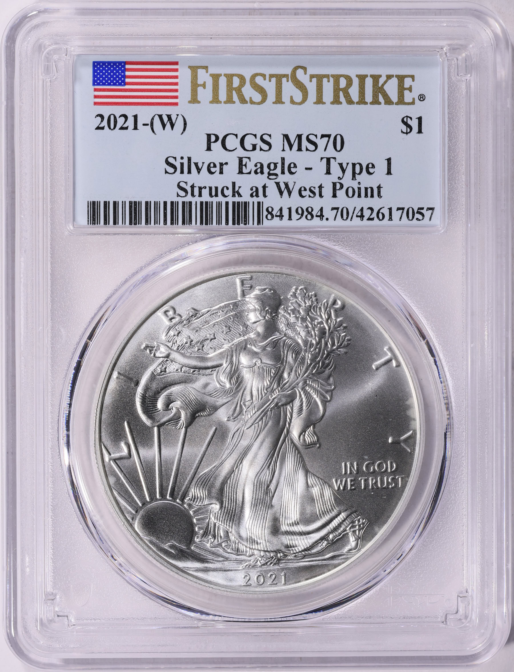 銀貨 Struck at West Point Mint 2021 MS70 2021-(W) $1 Silver Eagle Type 1 Struck at West Point First Strike