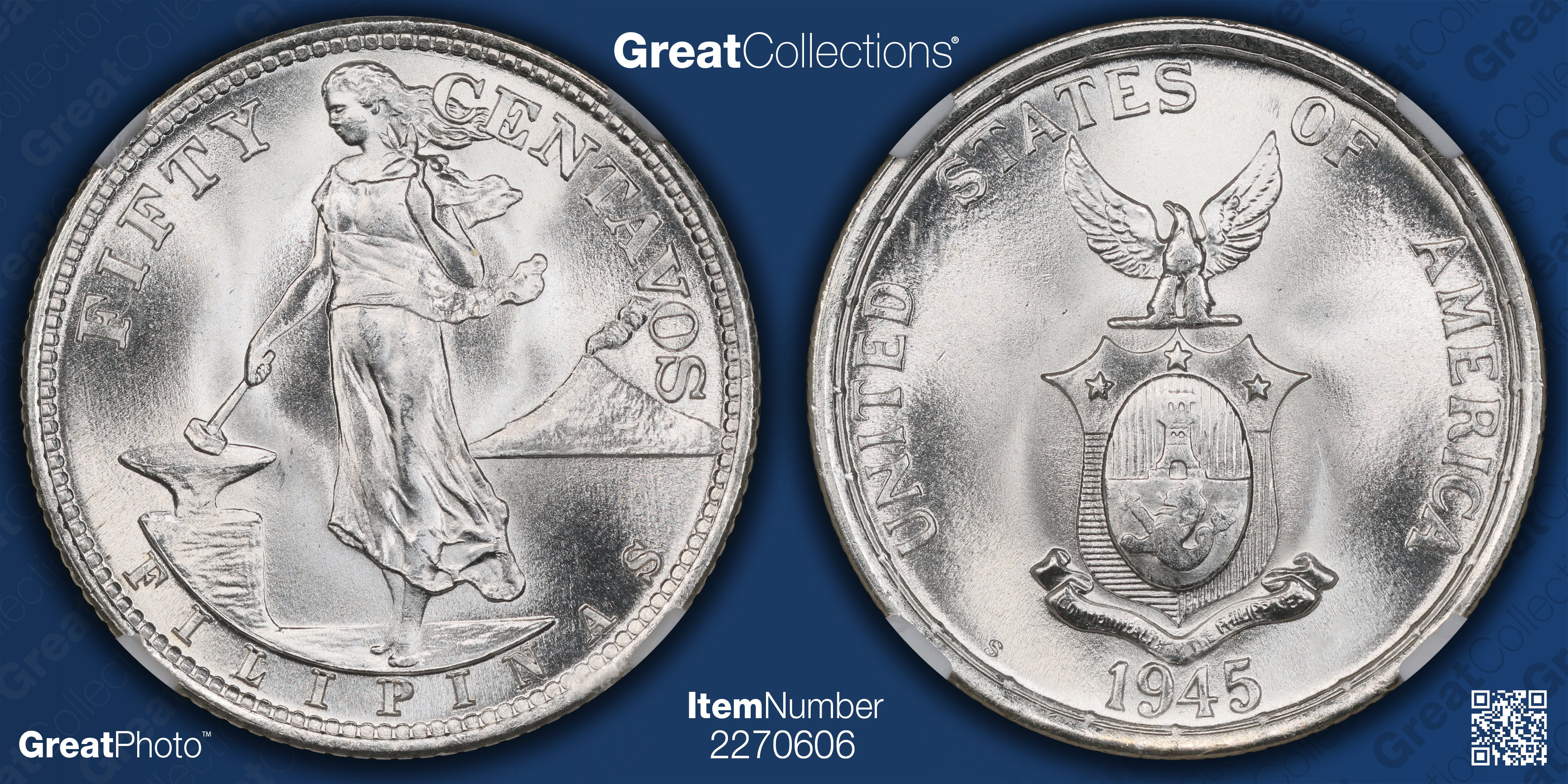 1945-S Silver U.S. Philippines Fifty Centavos NGC MS-67+ (Item