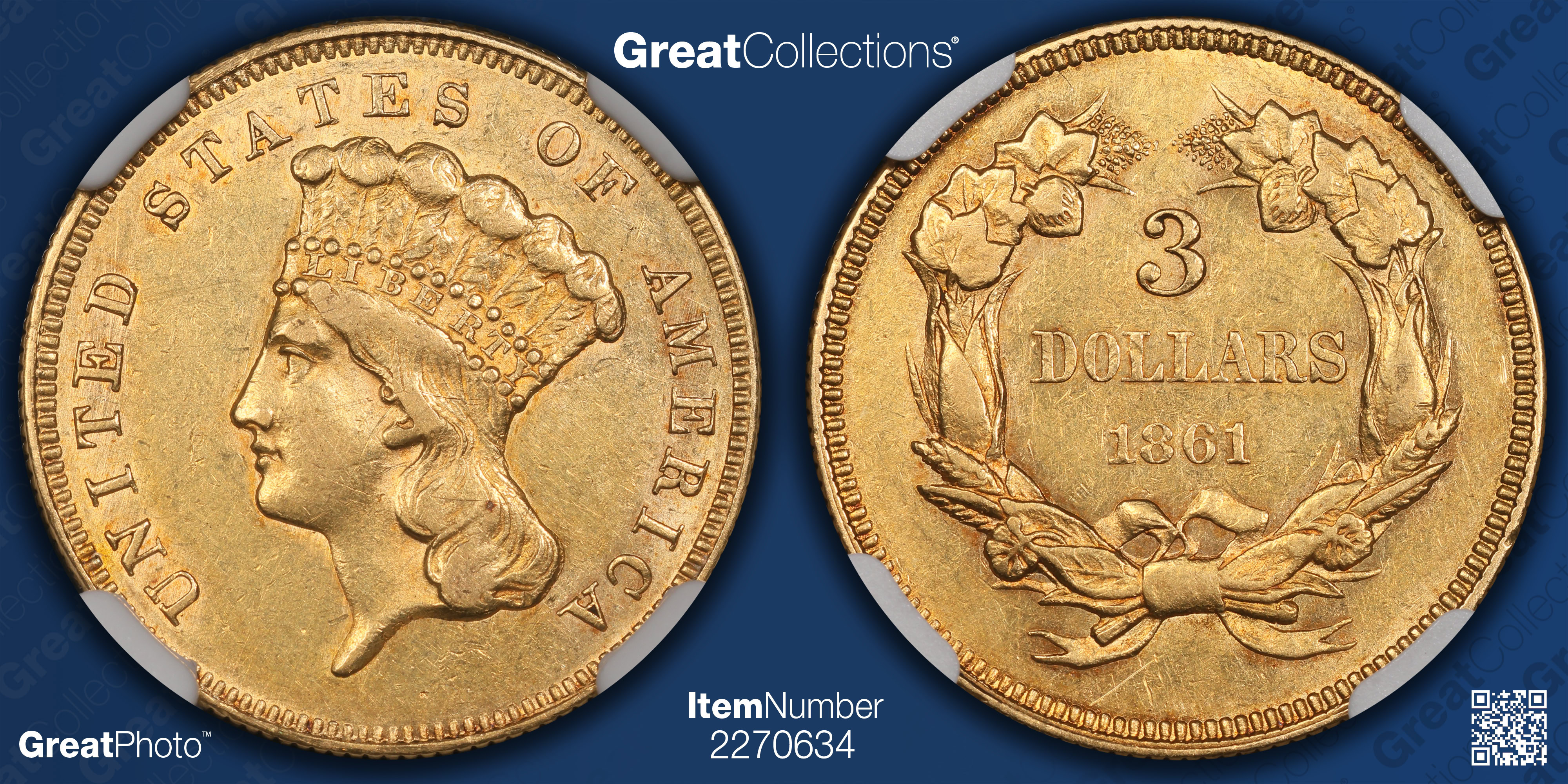 1861 Three-Dollar Gold Piece NGC AU-55 (Item 2270634