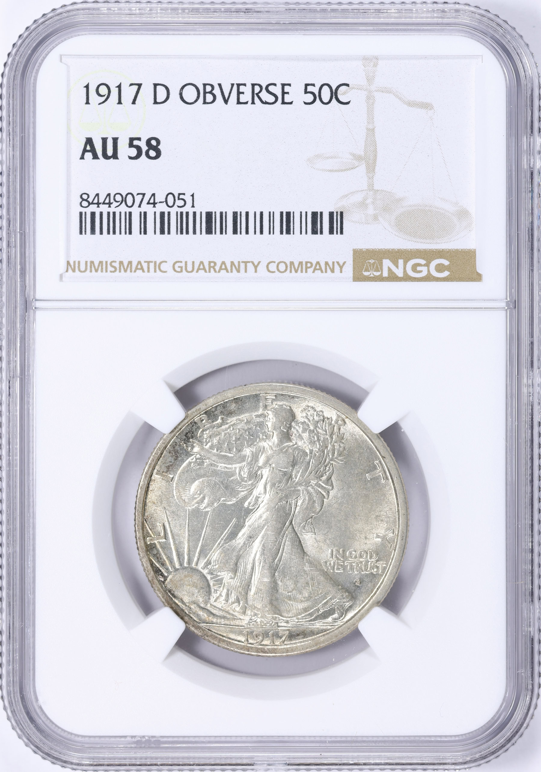 1917-D Walking Liberty Half Dollar Obverse Mintmark NGC AU-58