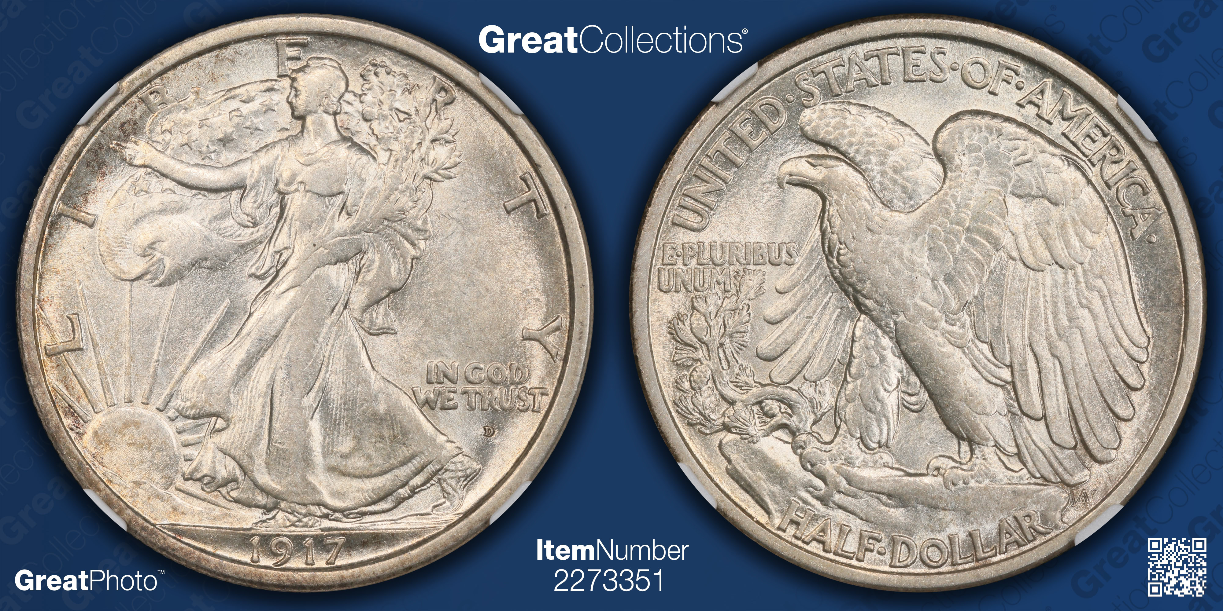 1917-D Walking Liberty Half Dollar Obverse Mintmark NGC AU-58