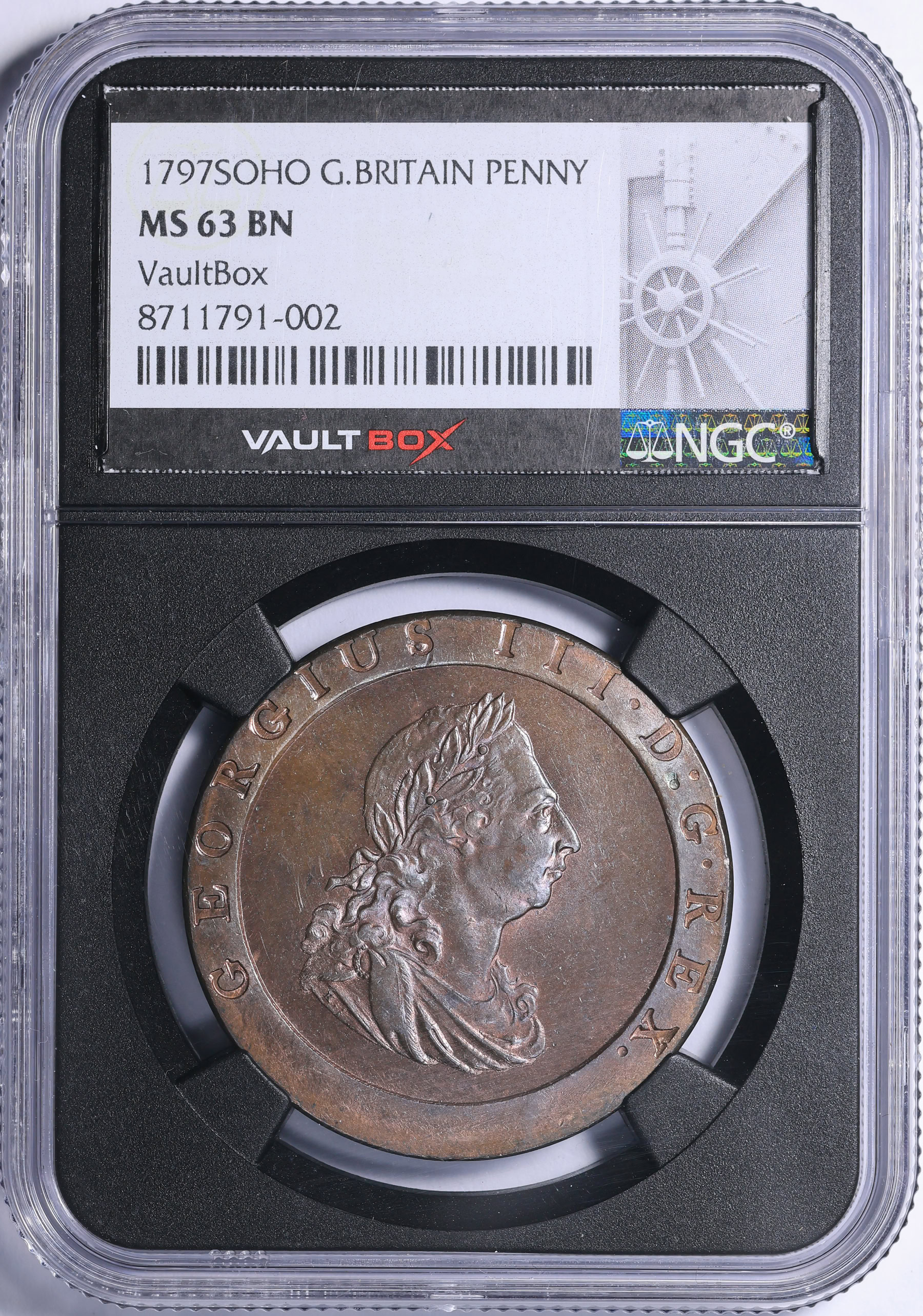 Great Britain 1797-SOHO Penny KM-618 NGC MS-63 BN (VaultBox Black