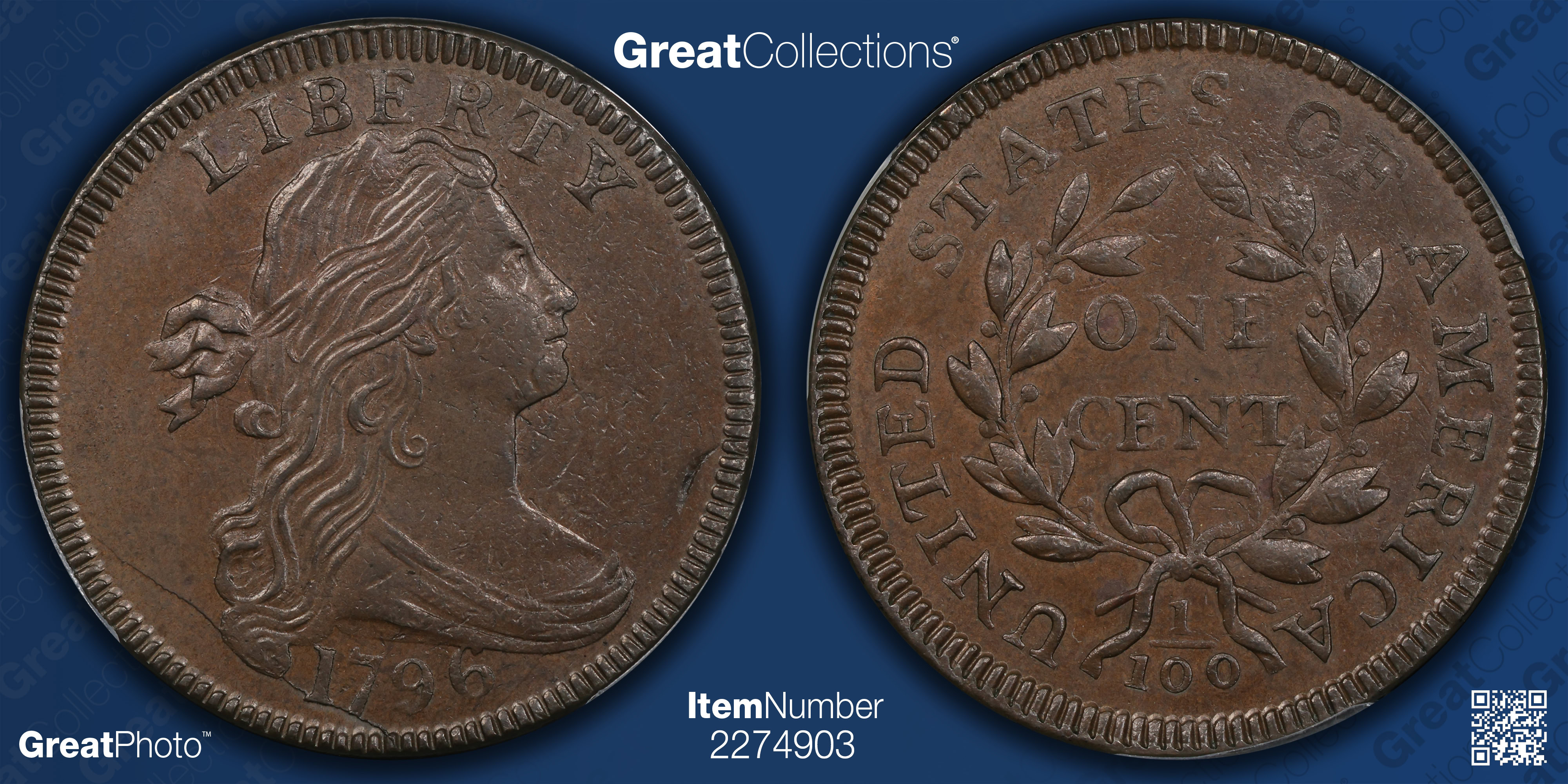 1796 Draped Bust Cent Reverse of 1797 Sheldon 119 PCGS MS-62 BN (COL ...