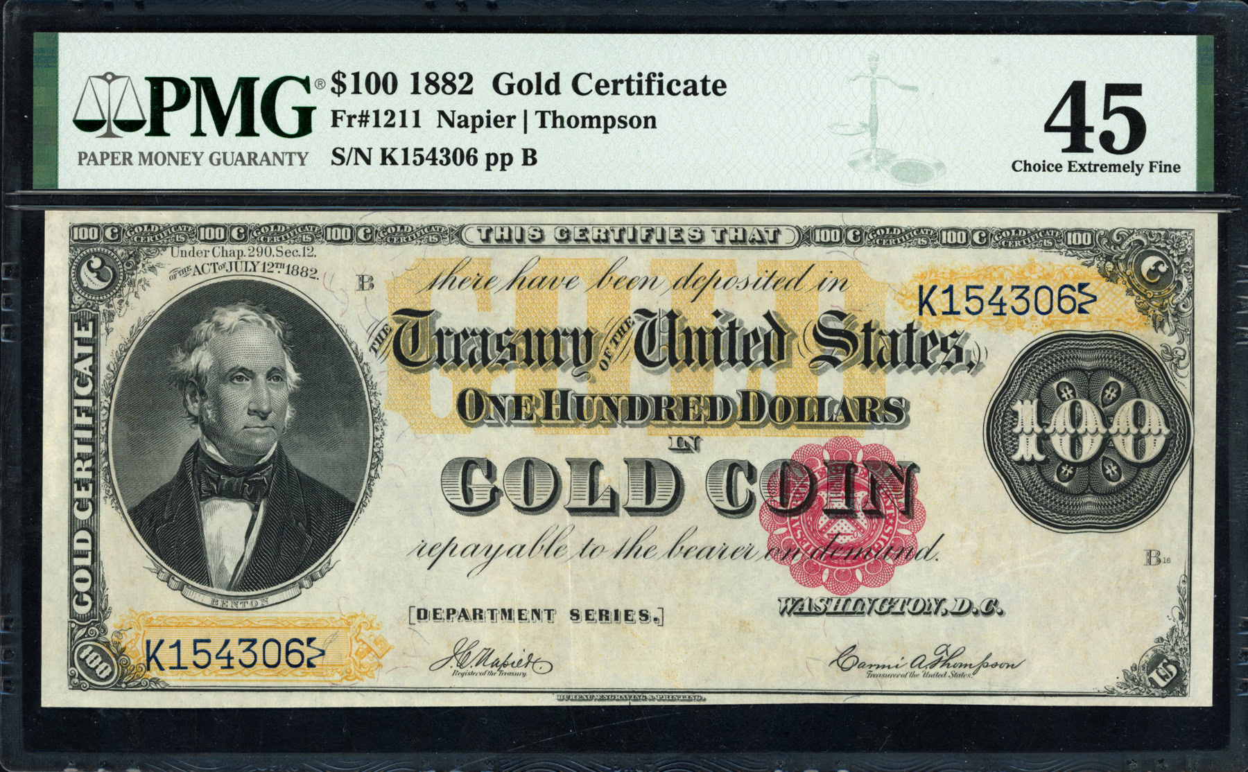 Fr. 1211 1882 $100 Gold Certificate Note Napier / Thompson PMG Choice ...