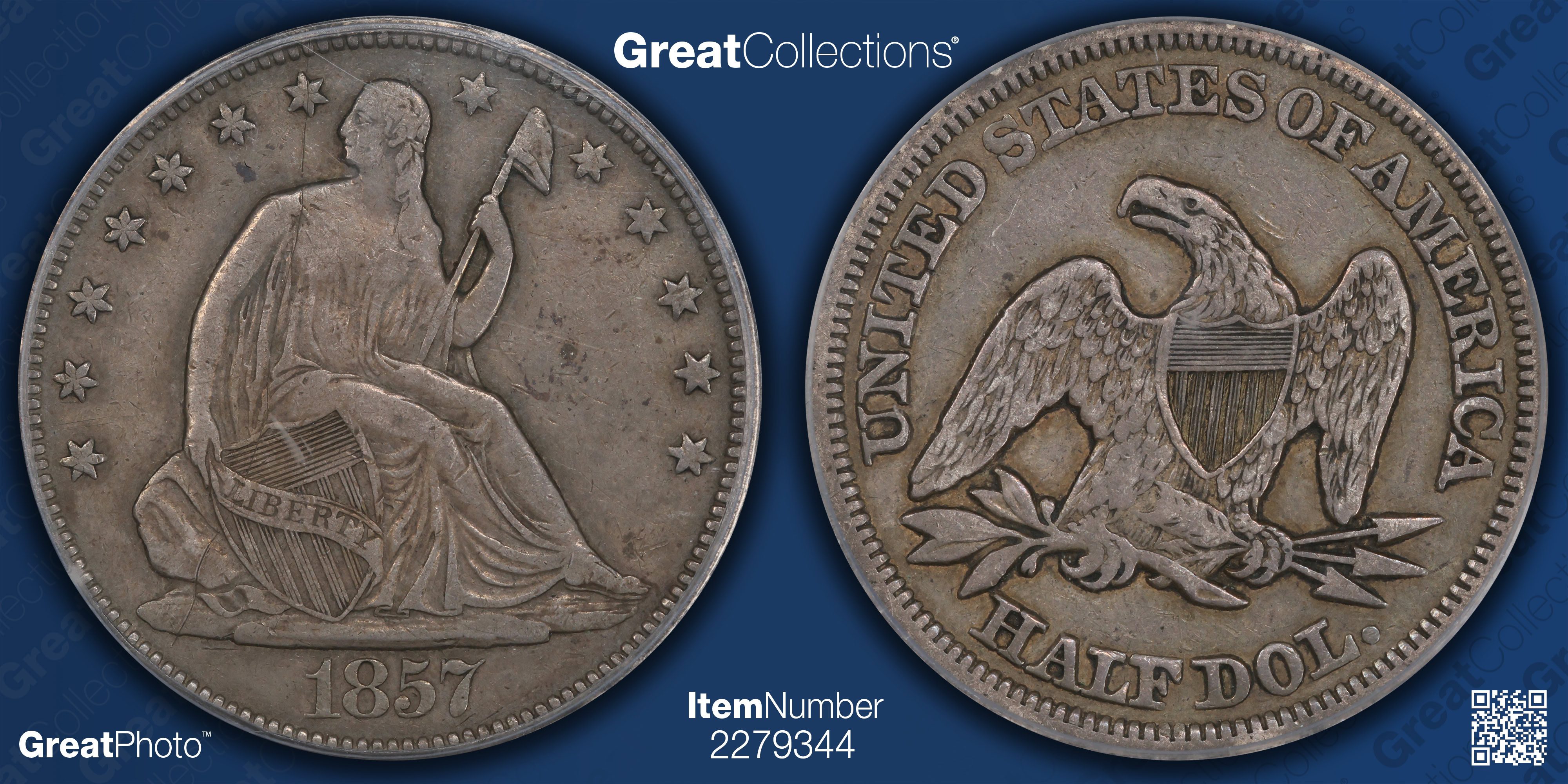 25 Coin 1857 Seated Liberty Half Dollar ICG VF-25 (Item 2279344 ...