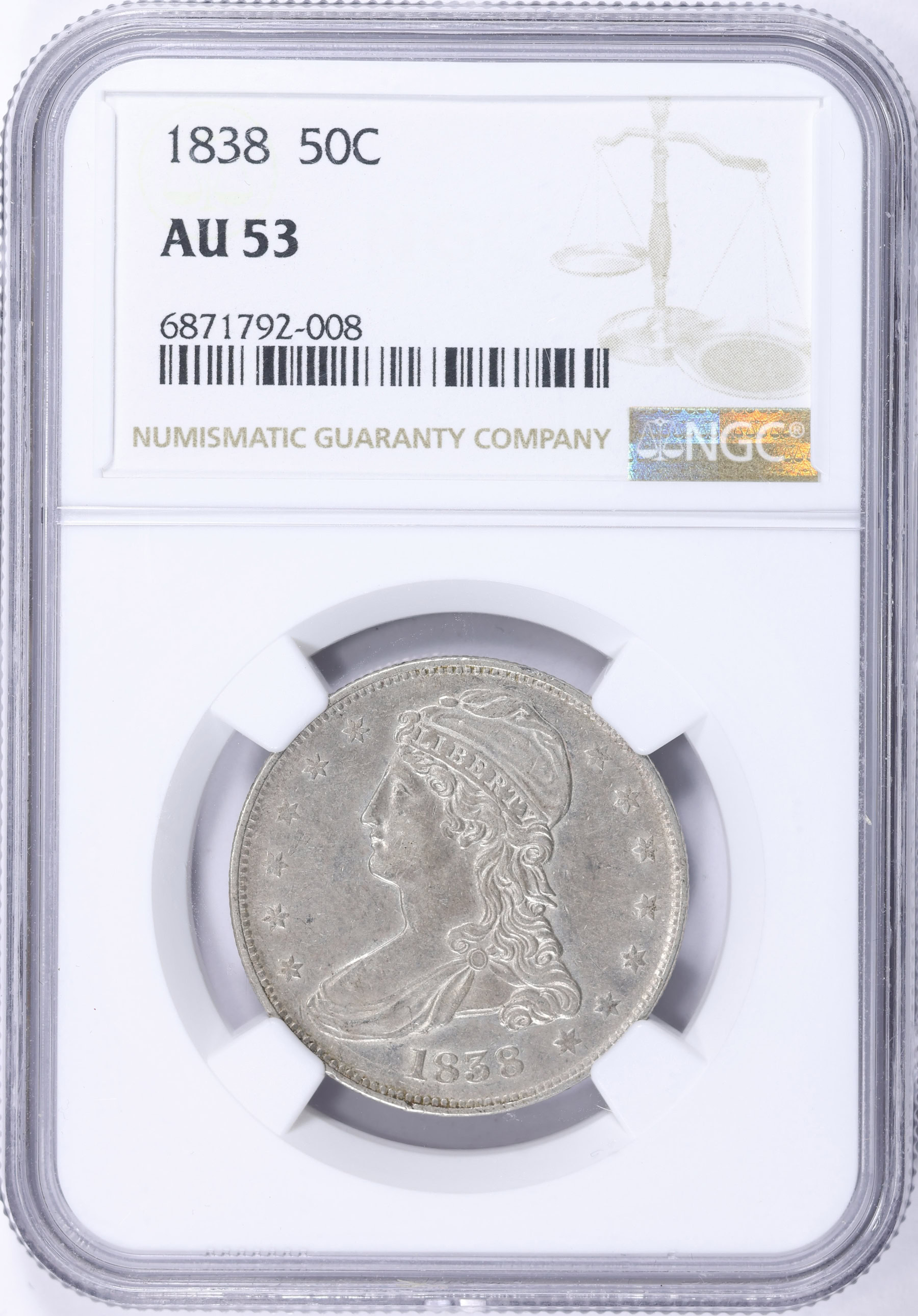 1838 Capped Bust Half Dollar Reeded Edge NGC AU-53 (Item 2279883