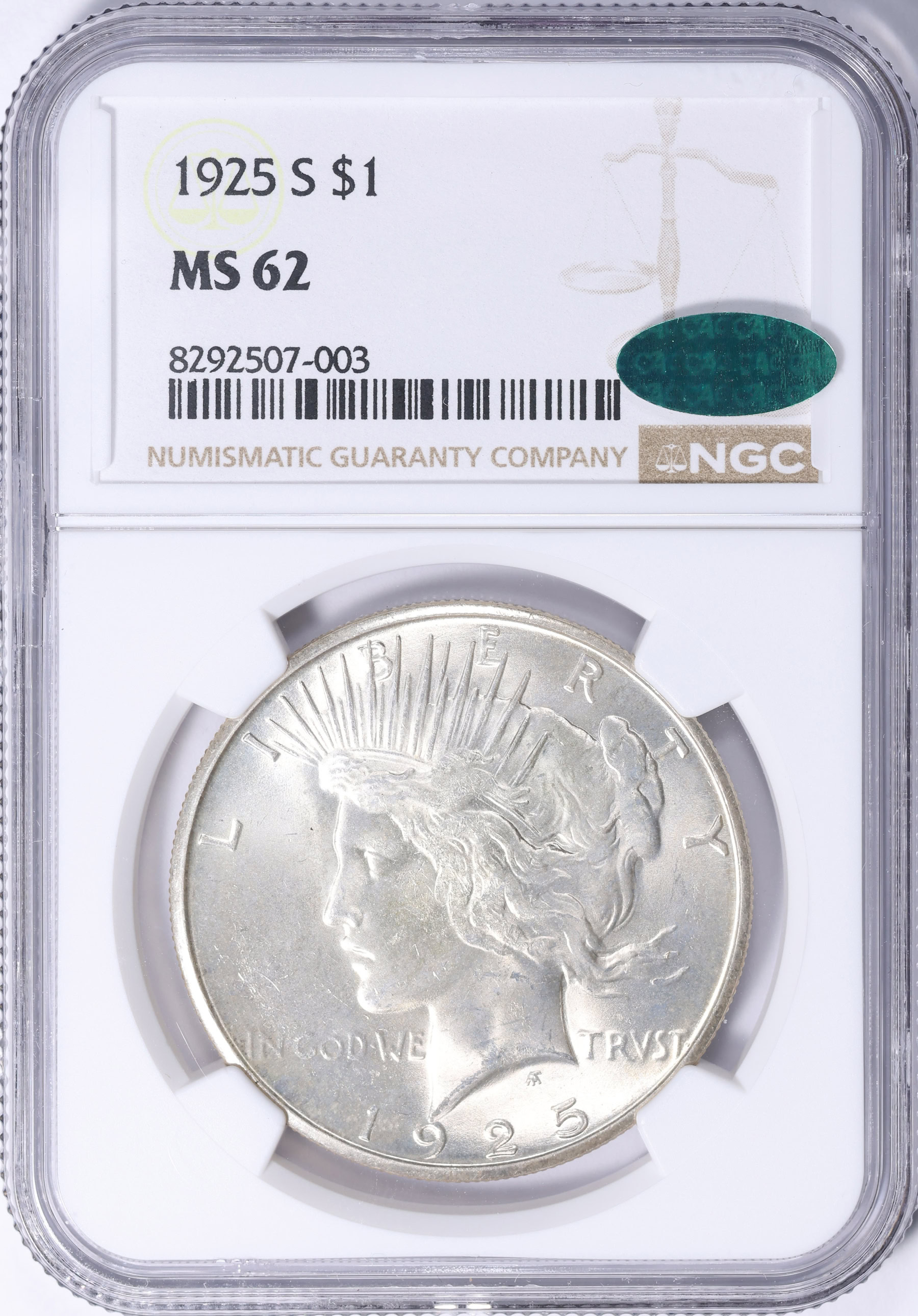 105 Coin 1925-S Peace Silver Dollar NGC MS-62 (CAC Green) (Item 2281126 ...
