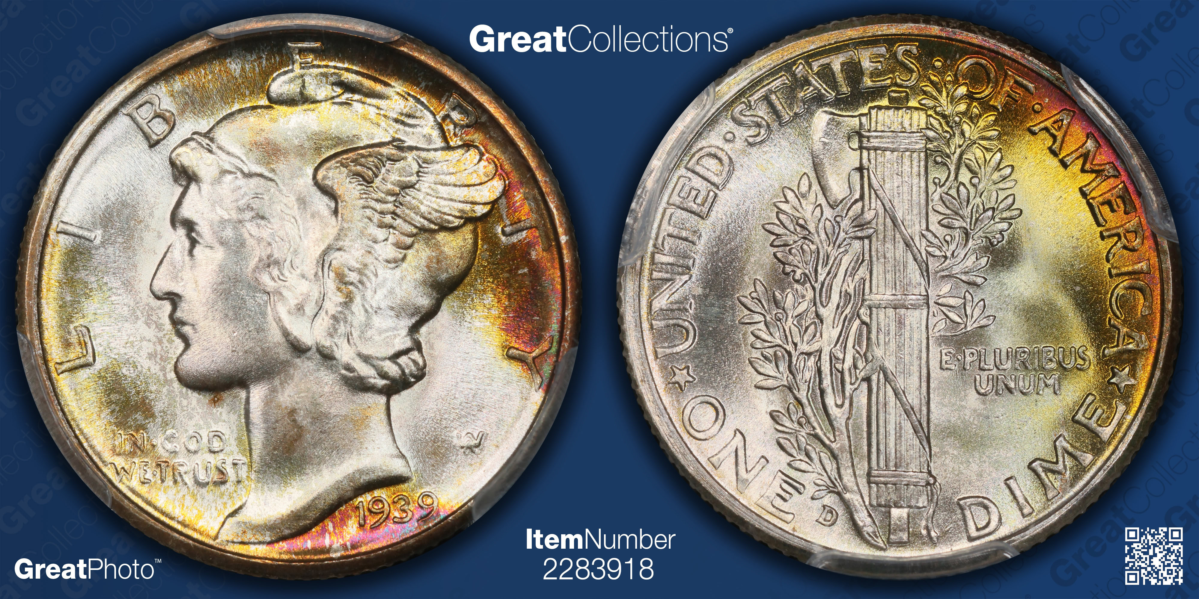 105 Coin 1939-D Mercury Dime PCGS MS-68+ FB (CAC Green) (Toned) (Item 2283918 ...