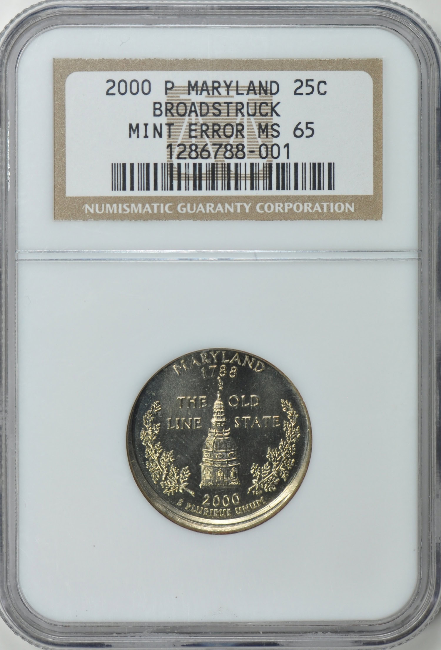Mint Error 2000-P State Quarter Maryland Broadstruck NGC MS-65
