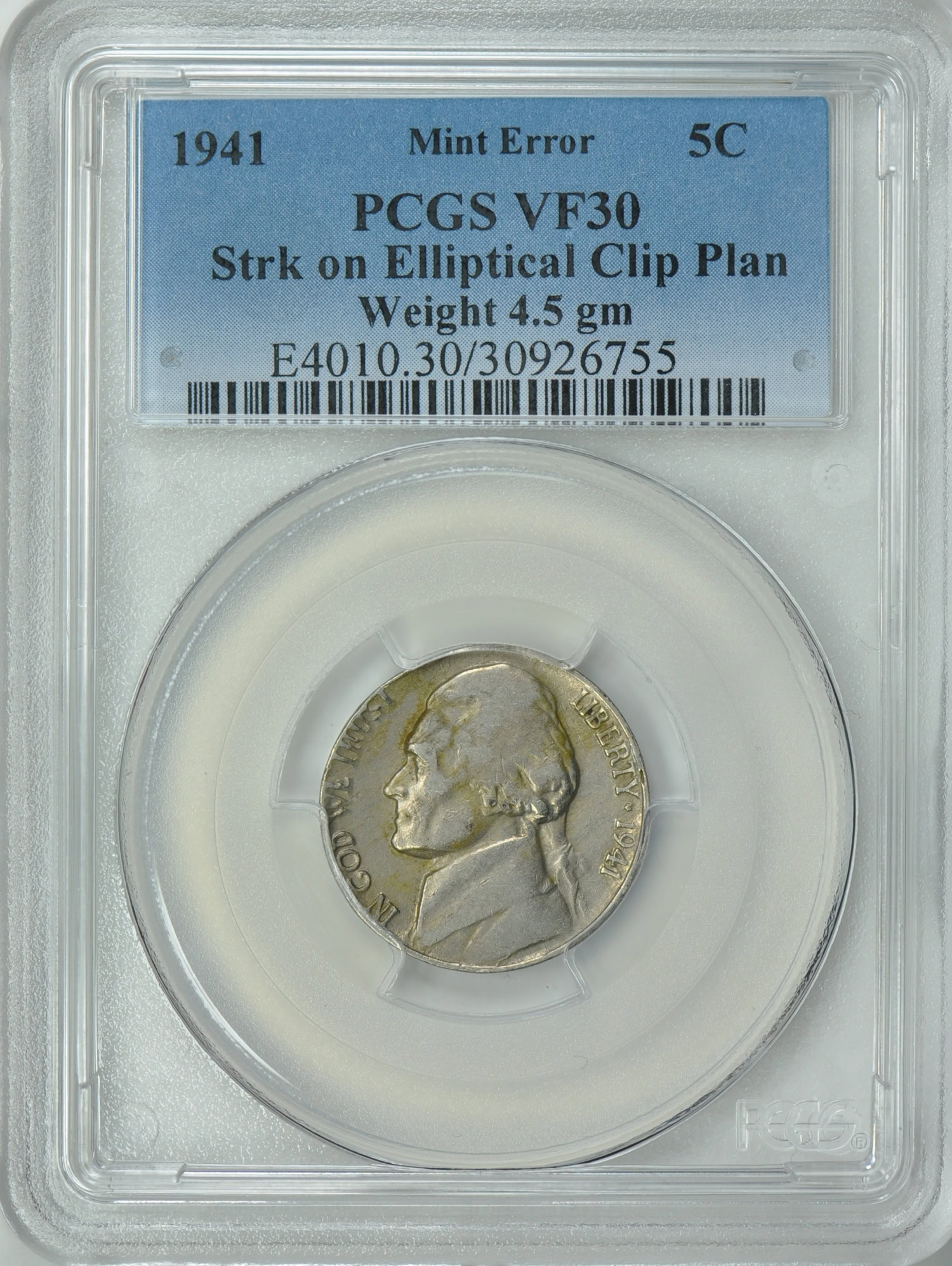 Mint Error 1941 Jefferson Nickel Struck on Elliptical Clip