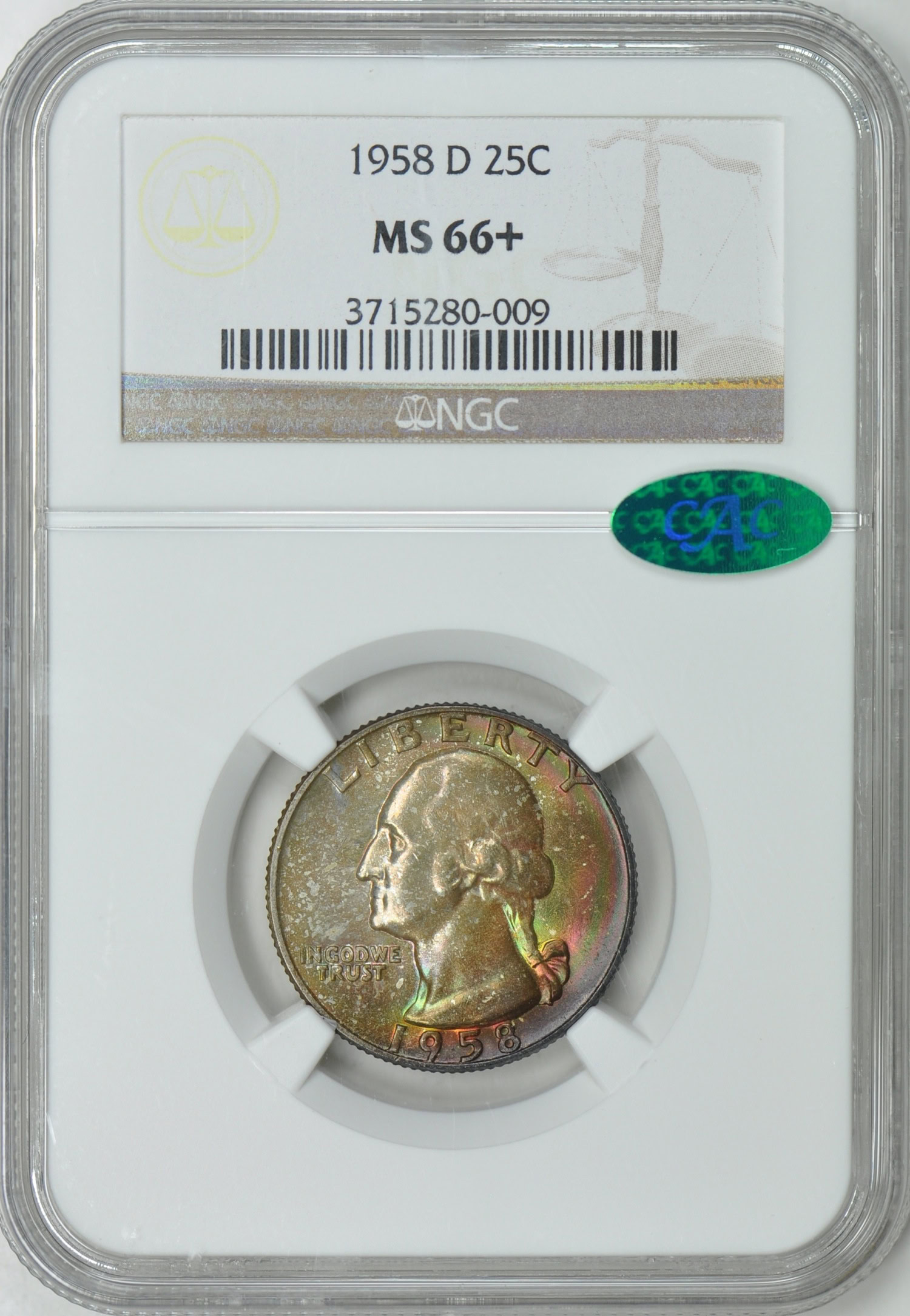1958-D Washington Quarter NGC MS-66+ (CAC Green) (Toned) (Item