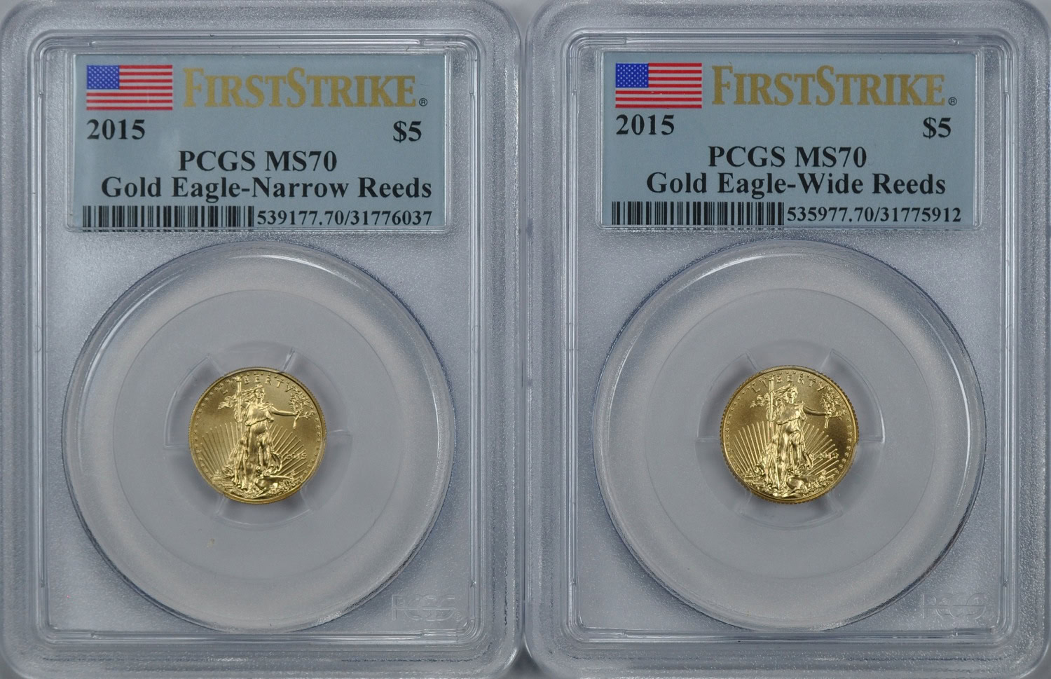 2015 5 TenthOunce Gold American Eagle First Strike Narrow Reeds and