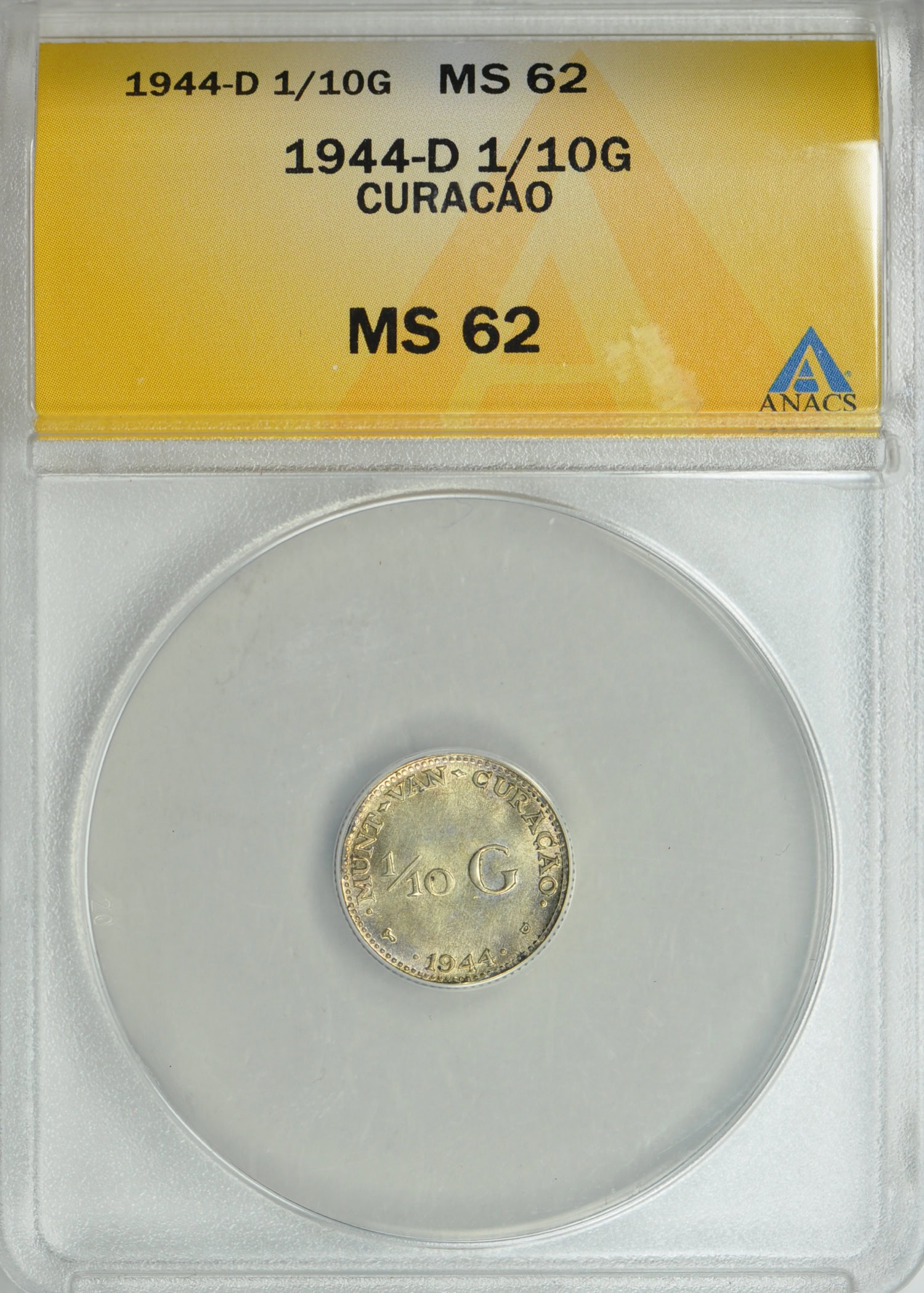 Curacao 1944-D Silver 1/10 Gulden ANACS MS-62 | ANACS Cert