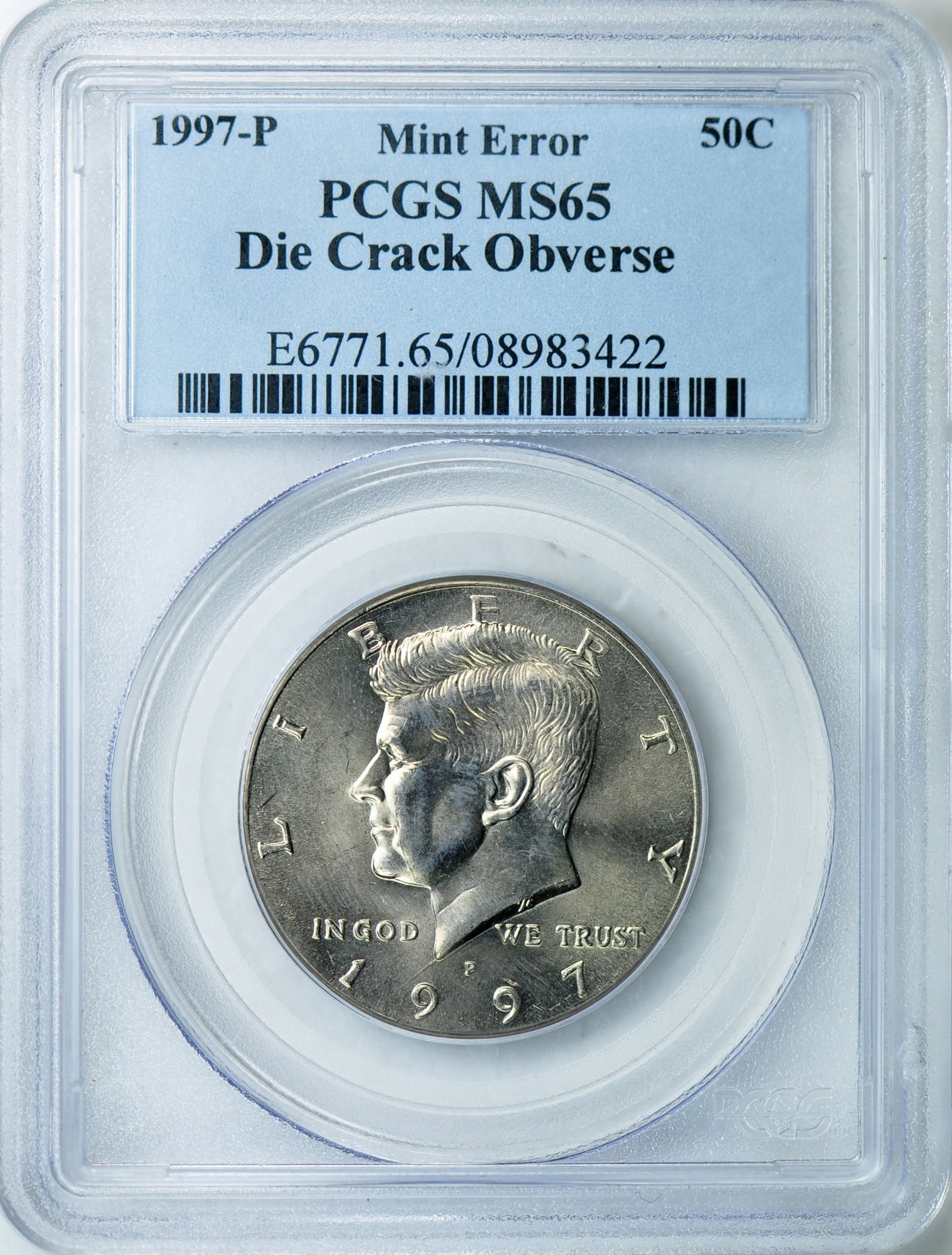 Mint Error 1997-P Kennedy Half Dollar Die Crack Obverse PCGS MS-65