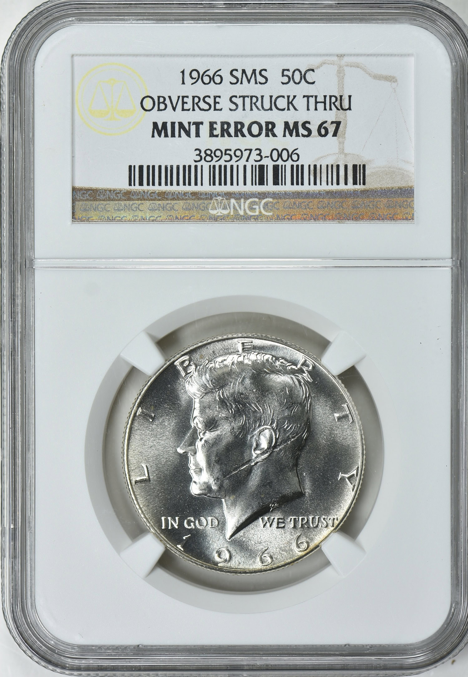Mint Error 1966 Kennedy Half Dollar SMS Obverse Struck Through NGC