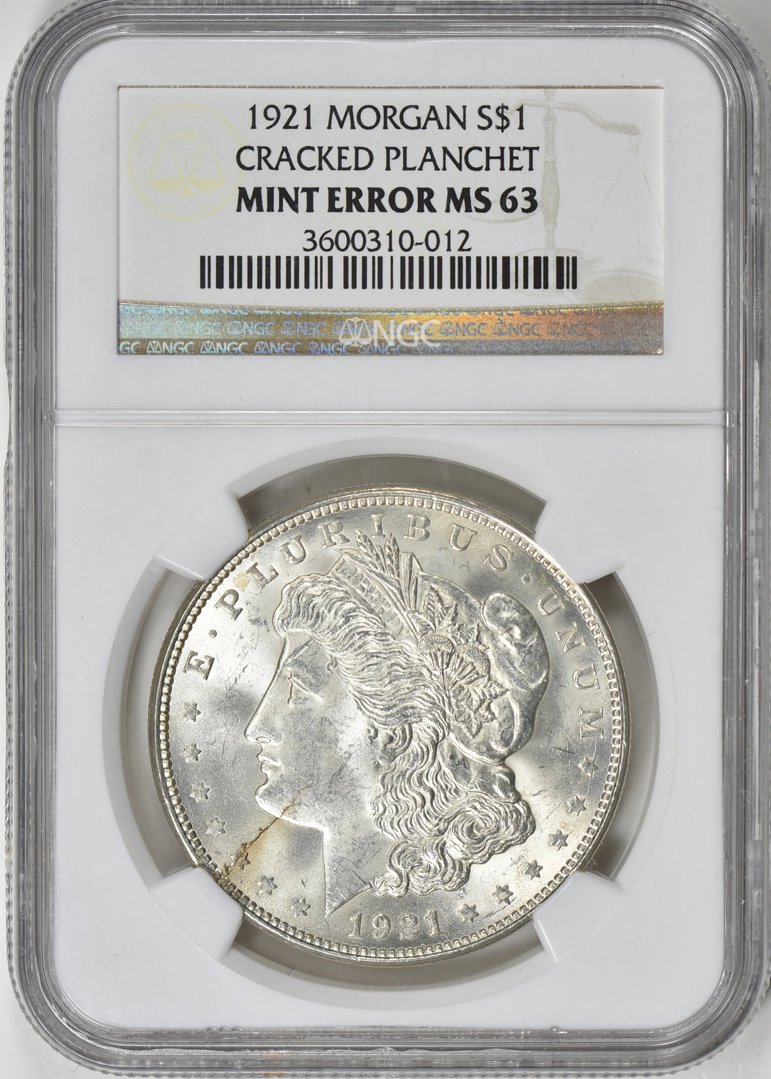Mint Error 1921 $1 Morgan Silver Dollar Cracked Planchet NGC MS-63