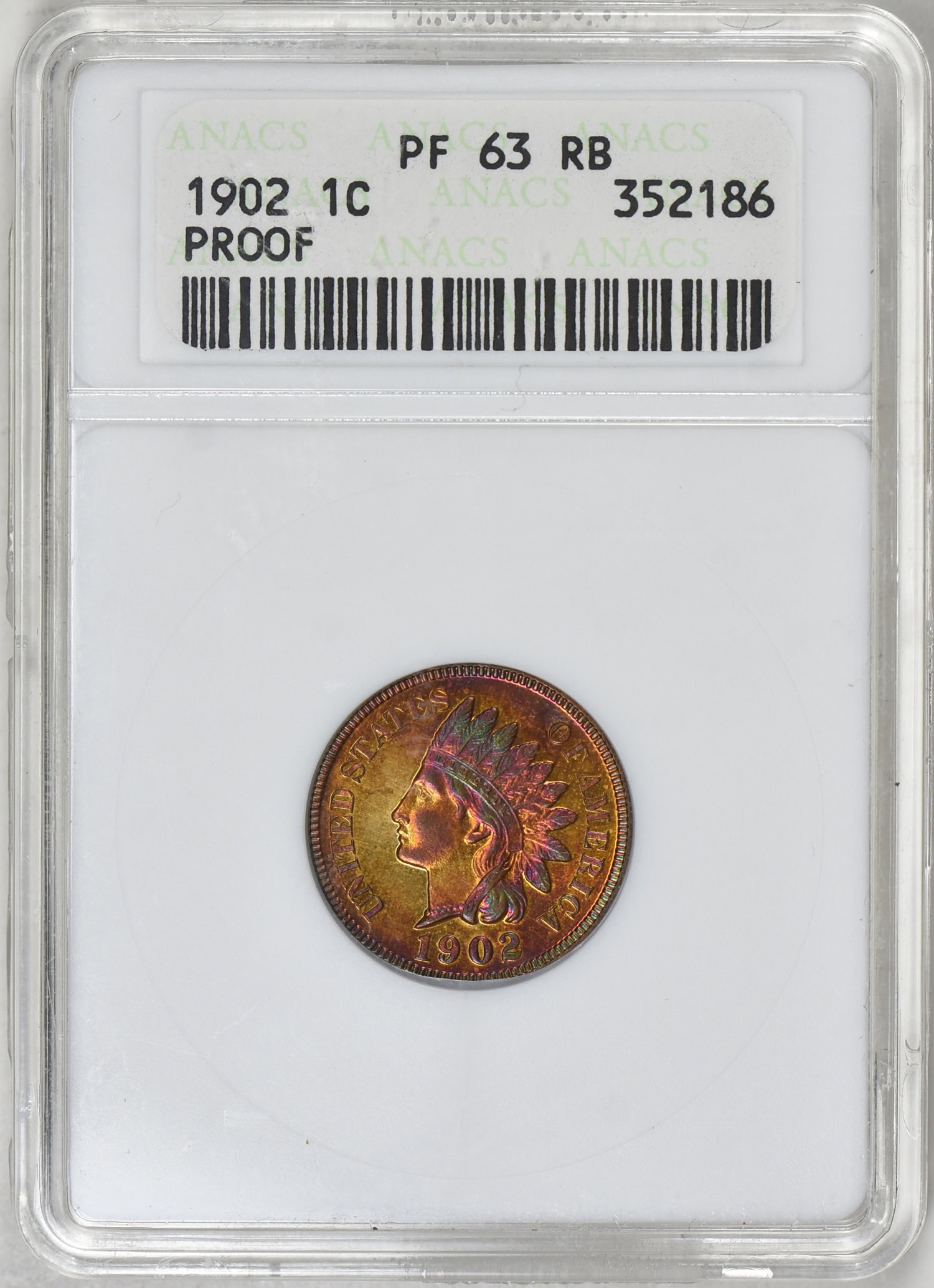 1902 Indian Cent ANACS Proof-63 RB (Toned) OH (Item 316113) |  GreatCollections Coin Auctions