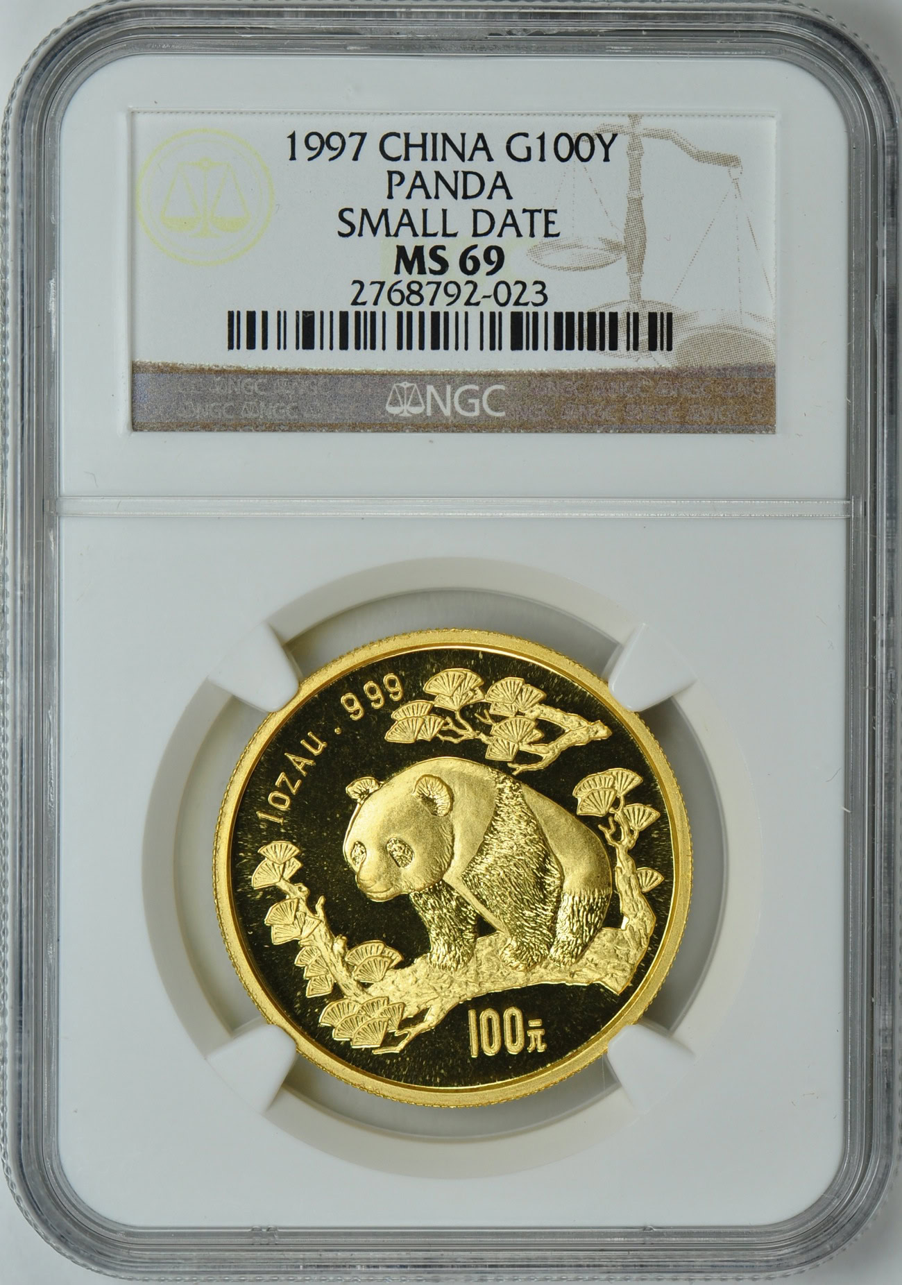 pandachanです。 China 1997 Gold 100 Yuan Panda Small Date NGC MS-69 (AGW 1.00 oz