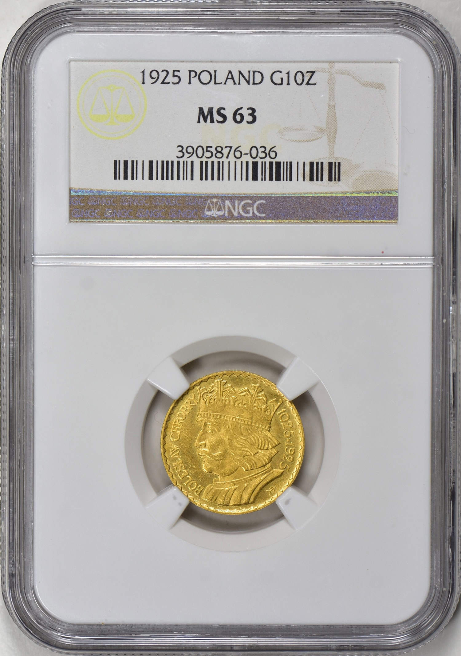 Poland 1925 Gold 10 Zlotych NGC MS-63 (AGW = 0.0933 oz.) (Item