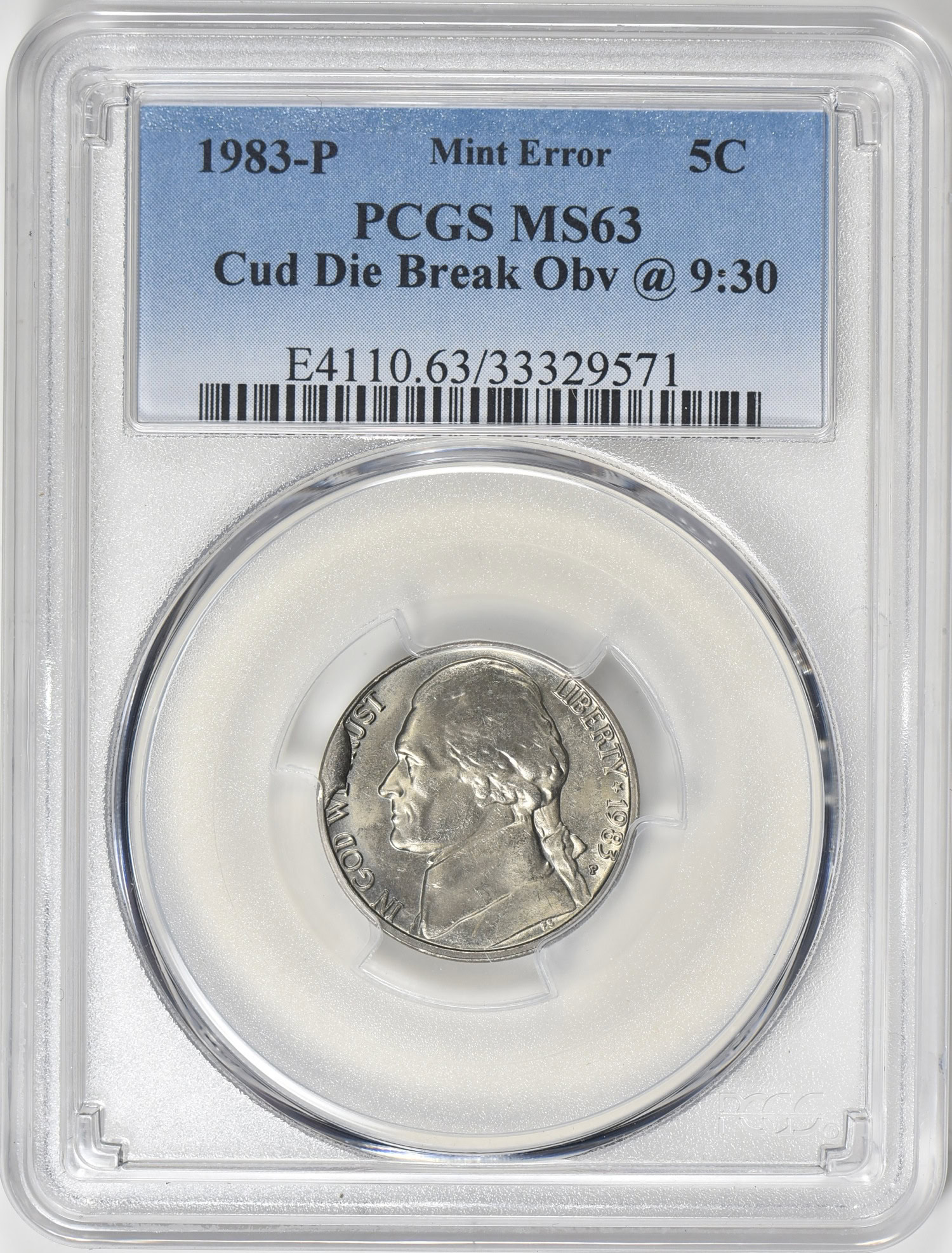 Mint Error 1983-P Jefferson Nickel Cud Die Break Obv @ 9:30 PCGS