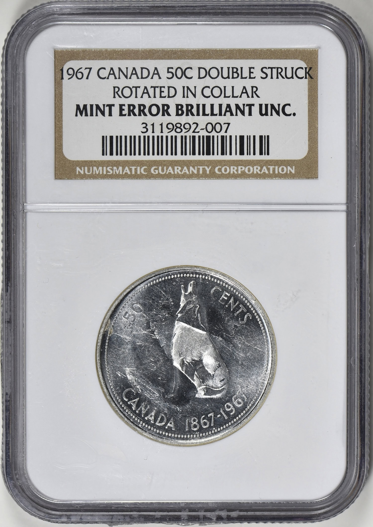 Canada Mint Error 1967 Silver 50 Cents Double Struck Rotated in