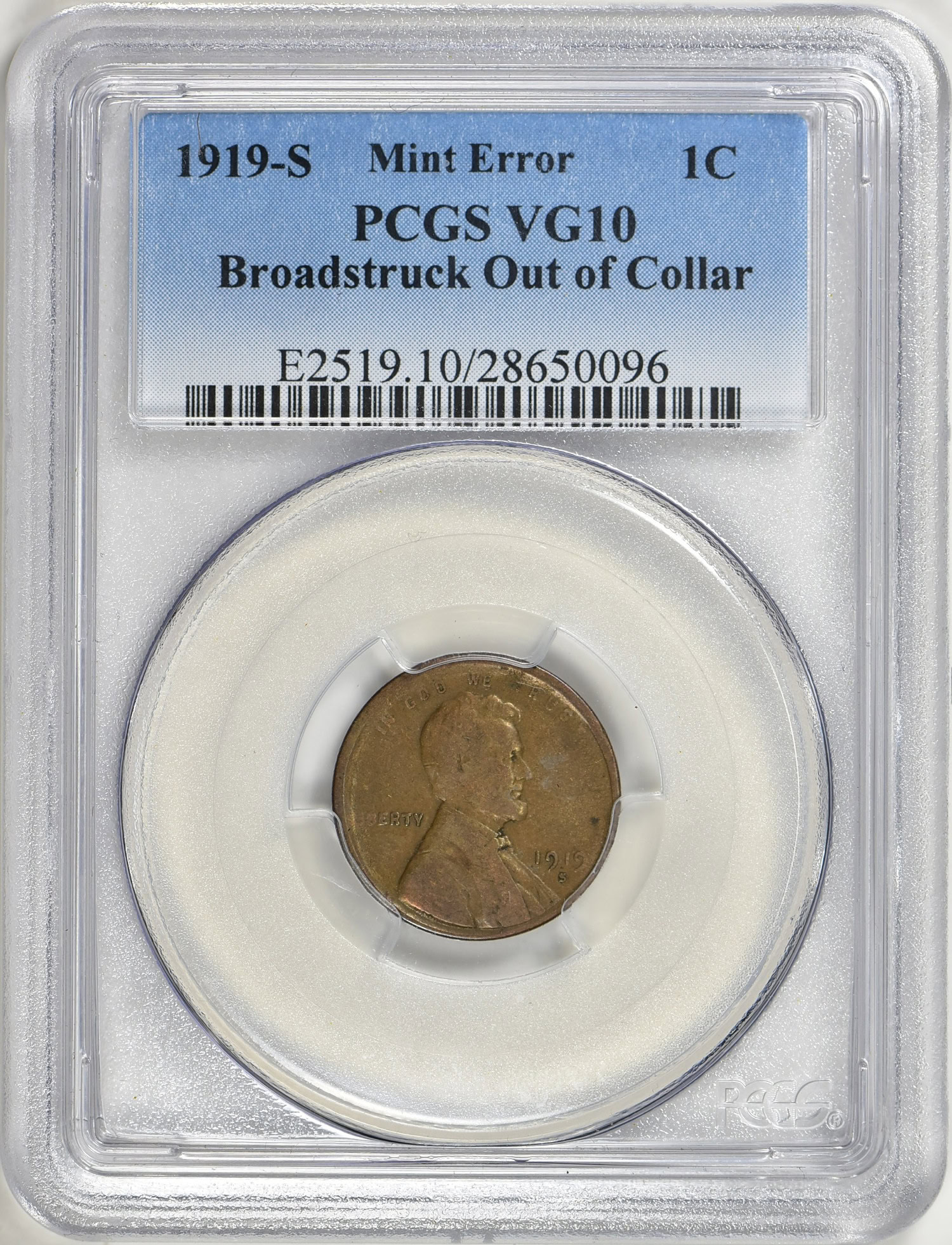 Mint Error 1919-S Lincoln Cent Broadstruck Out of Collar