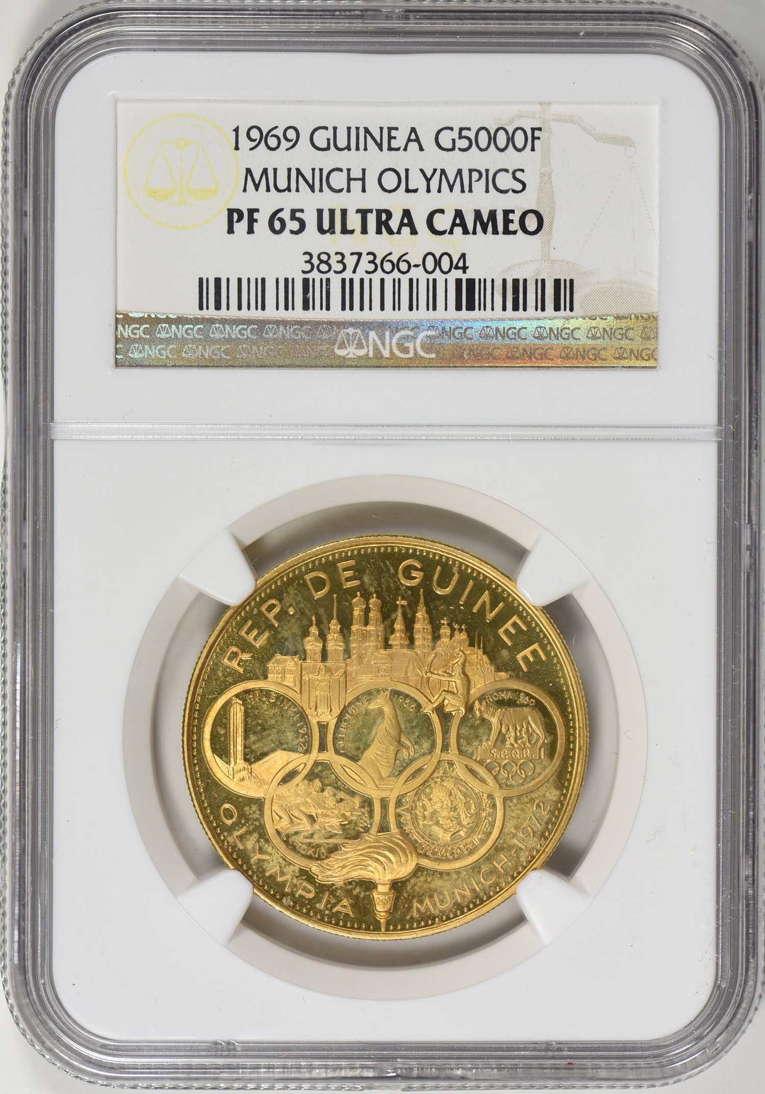 Guinea 1969 Gold 5000 Francs Munich Olympics NGC Proof-65 UC (AGW