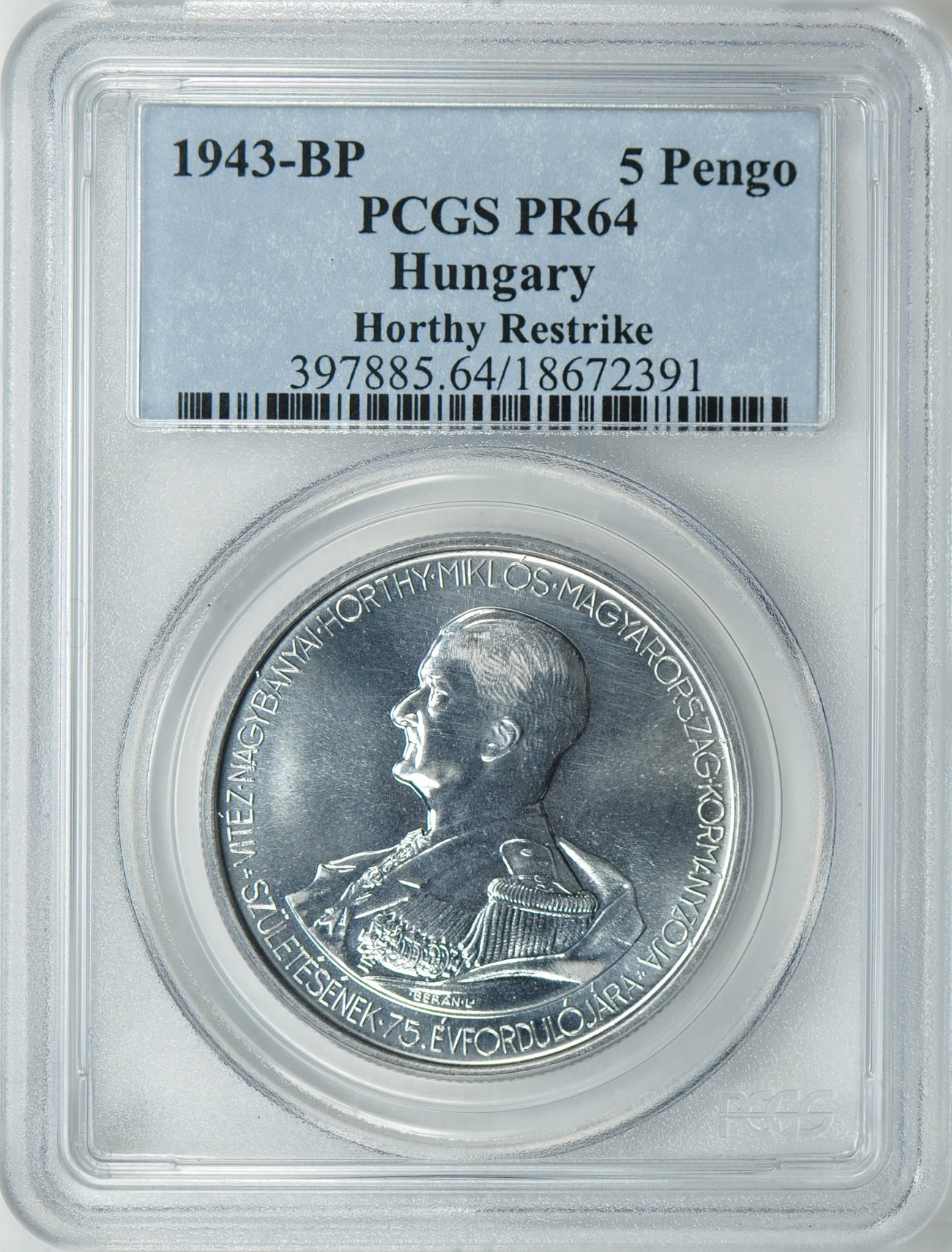 Hungary 1943-BP Silver 5 Pengo Horthy Restrike PCGS Proof-64 (Item