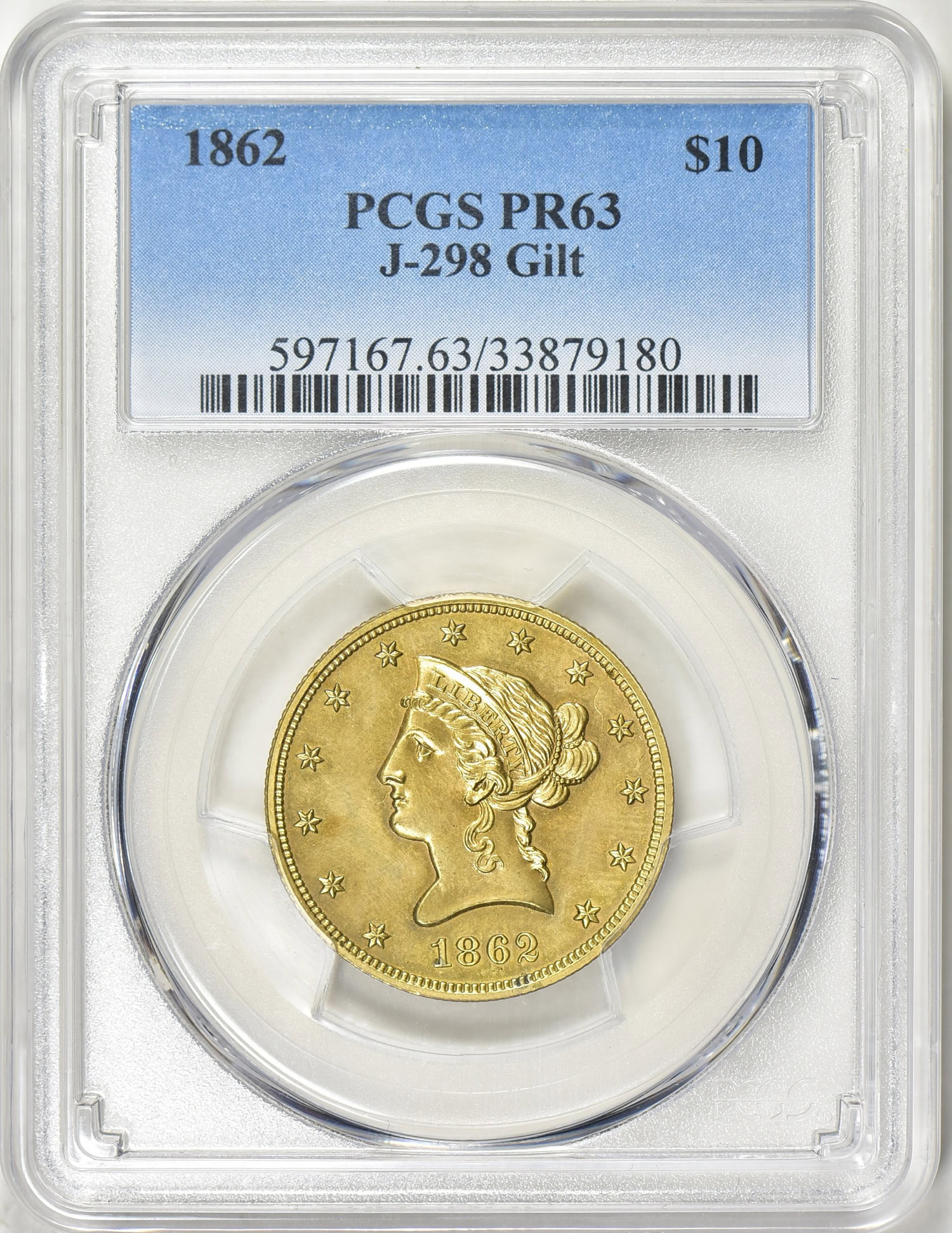 Pattern 1862 $10 J-298 Gilt PCGS Proof-63 | PCGS Cert #33879180