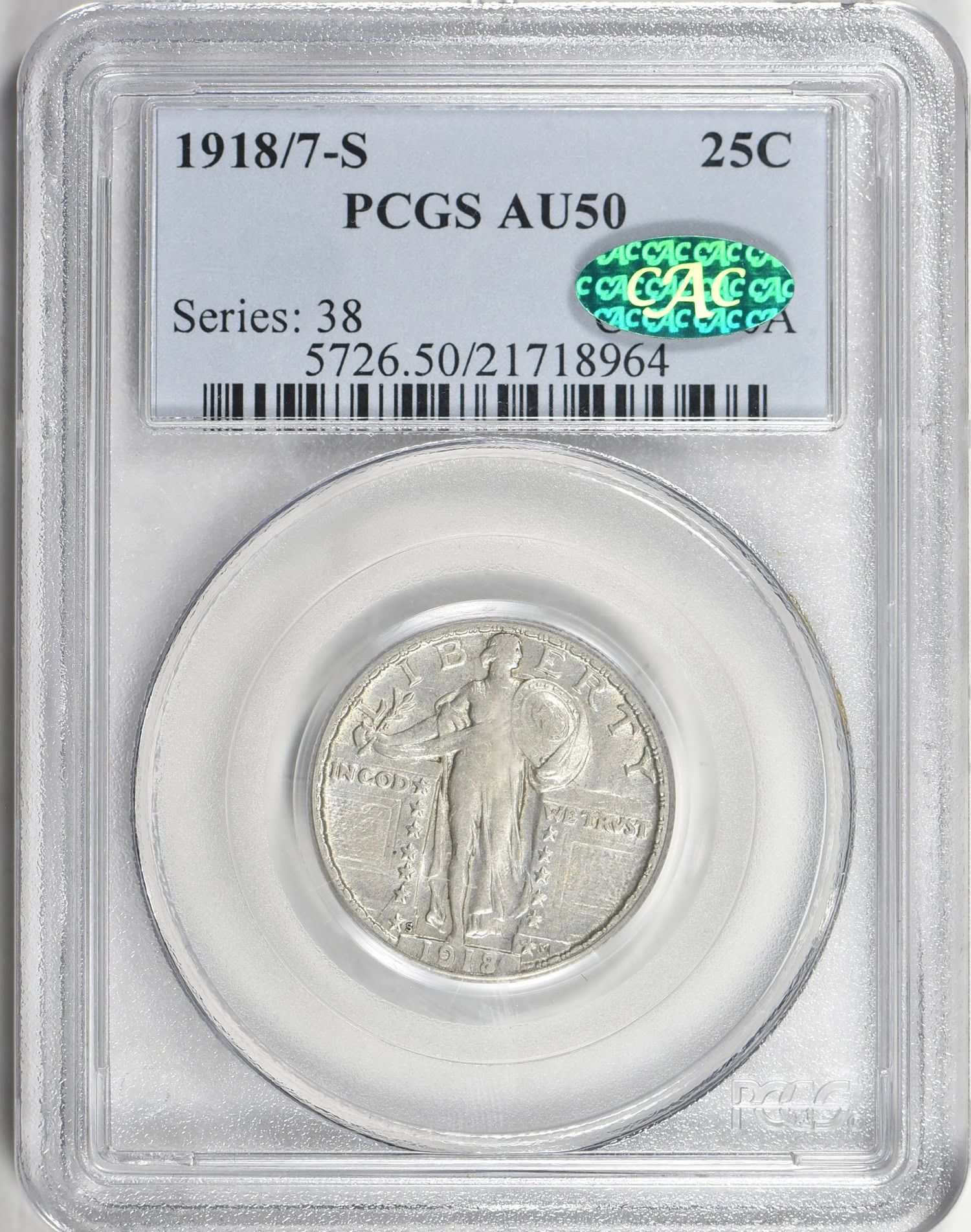 1918/7-S Standing Liberty Quarter PCGS AU-50 (CAC Green) (Item