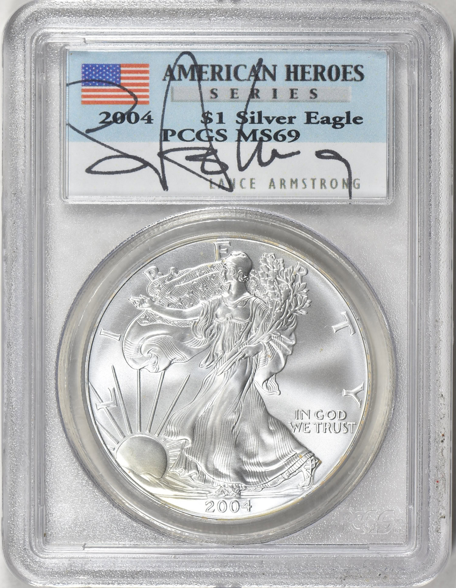 2004 $1 Silver Eagle American Heroes Lance Armstrong Signed PCGS