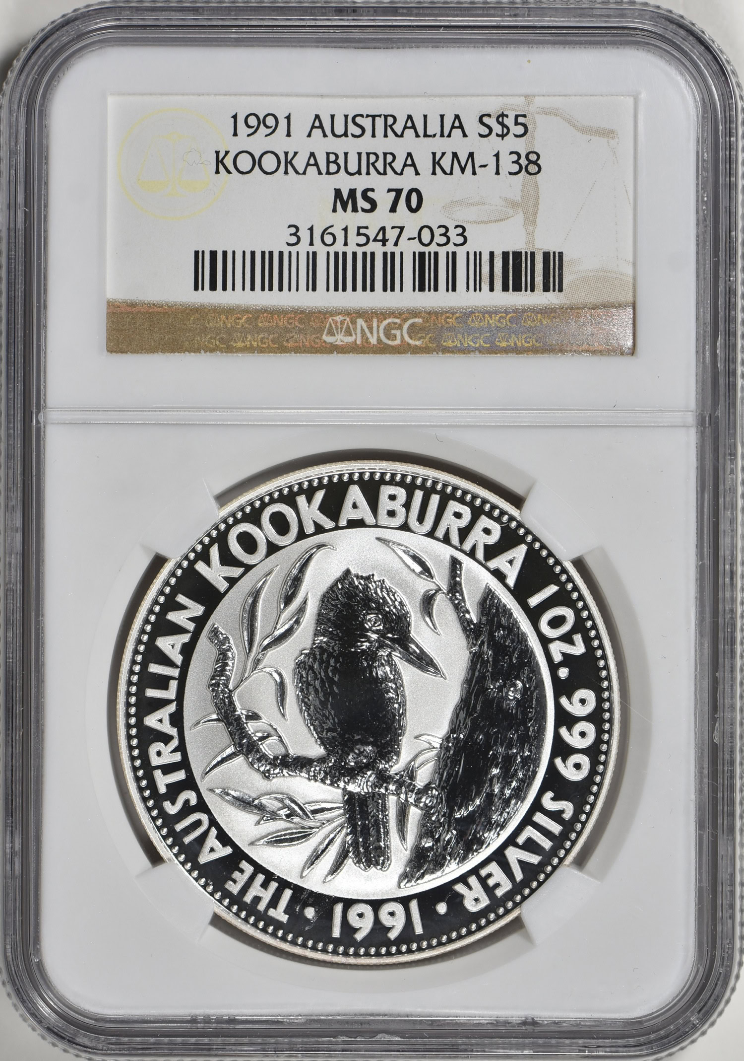 Australia 1991 S$5 Silver Kookaburra KM-138 NGC MS-70 | NGC Cert