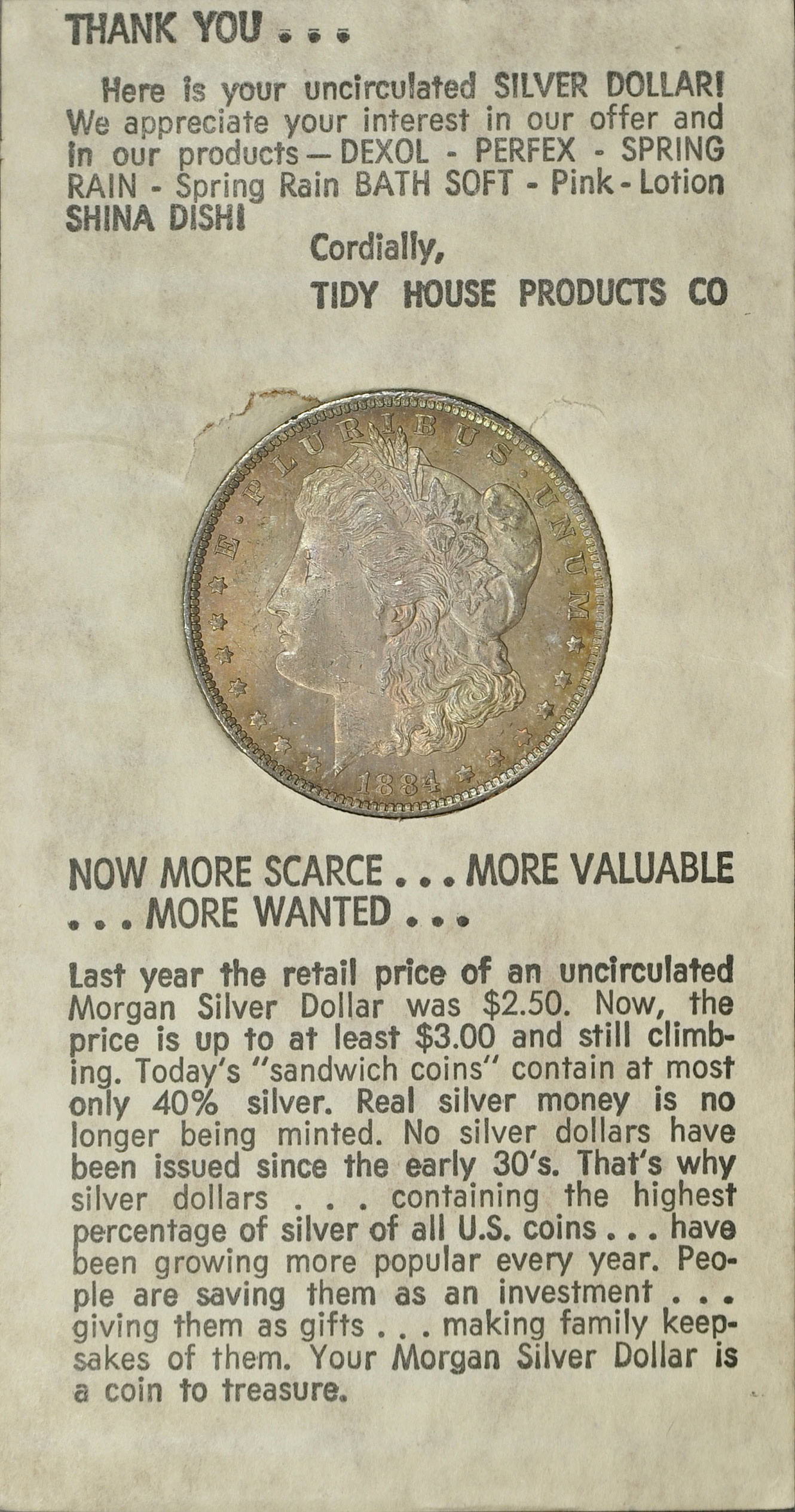 オーダーメイド残金 1884-O Morgan Silver Dollar Uncertified in Tidy House Products Co